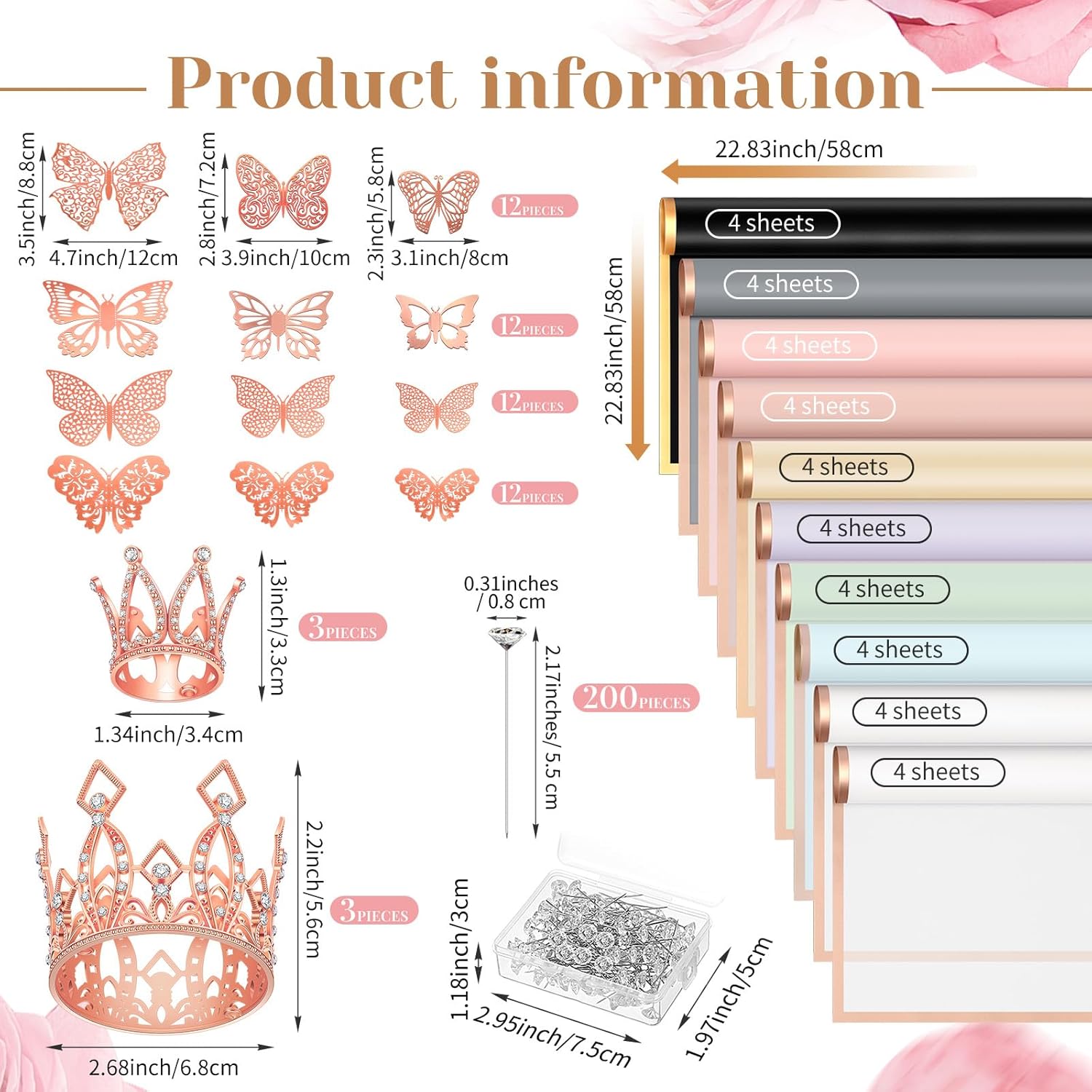 Ceenna 294 accesorios para ramos de flores que incluyen 40 hojas de papel de regalo de flores con borde dorado, 6 mini coronas, 48 decoraciones de
