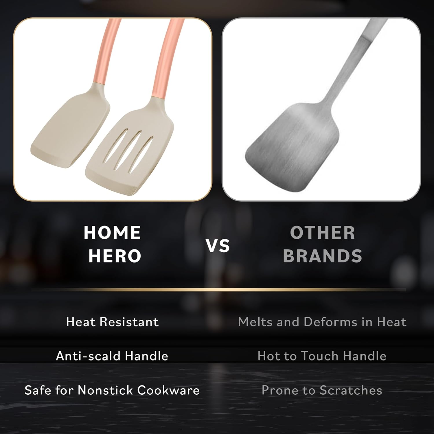 Home Hero Juego de espátulas de silicona  Turner sólido de acero inoxidable y girador ranurado  Juego de utensilios de cocina antiadherentes sin BPA