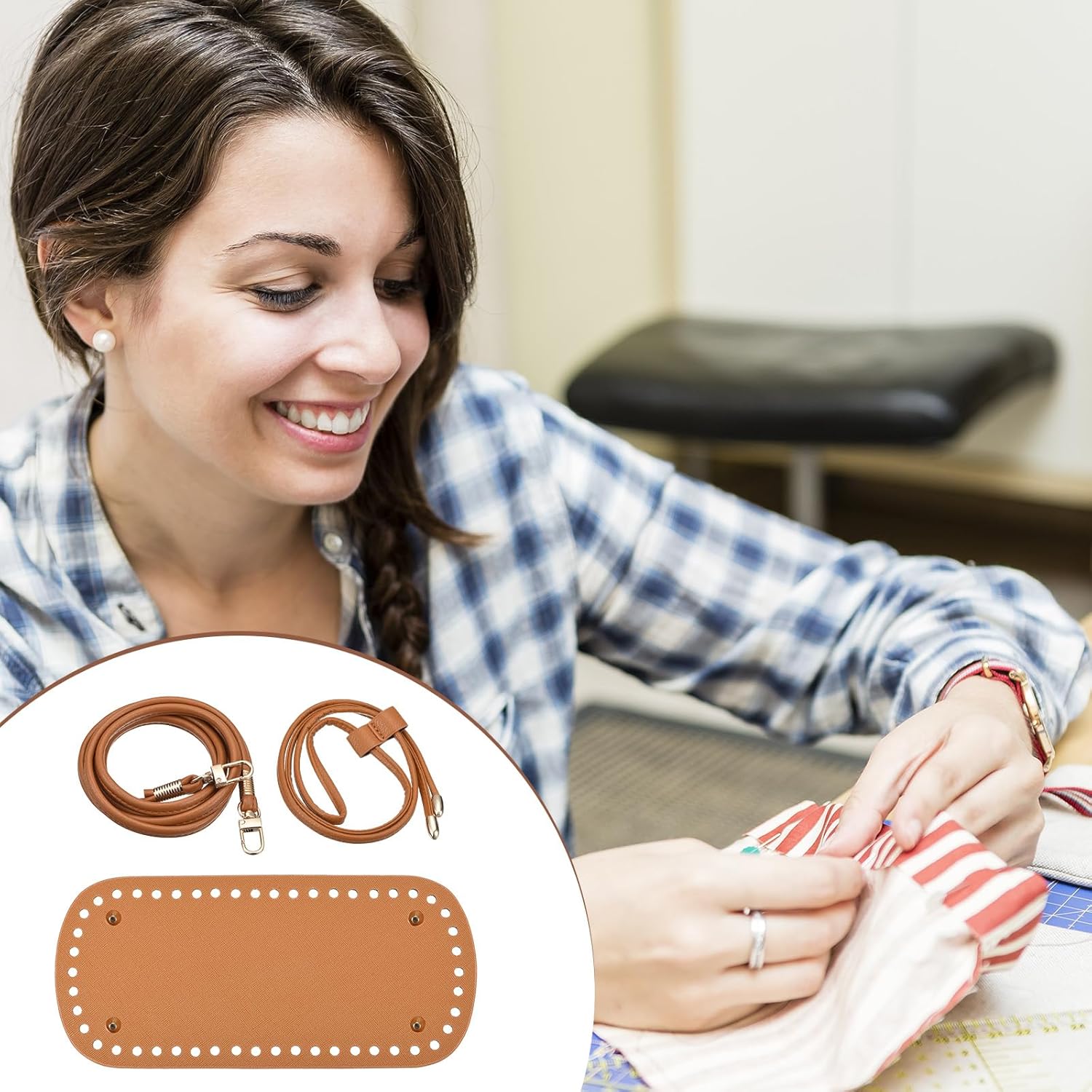 uxcell Juego de mochila de cuero, 3 piezas, kit de fabricación de bolsos de cuero con parte inferior de bolsa, correa para el hombro, cordón para