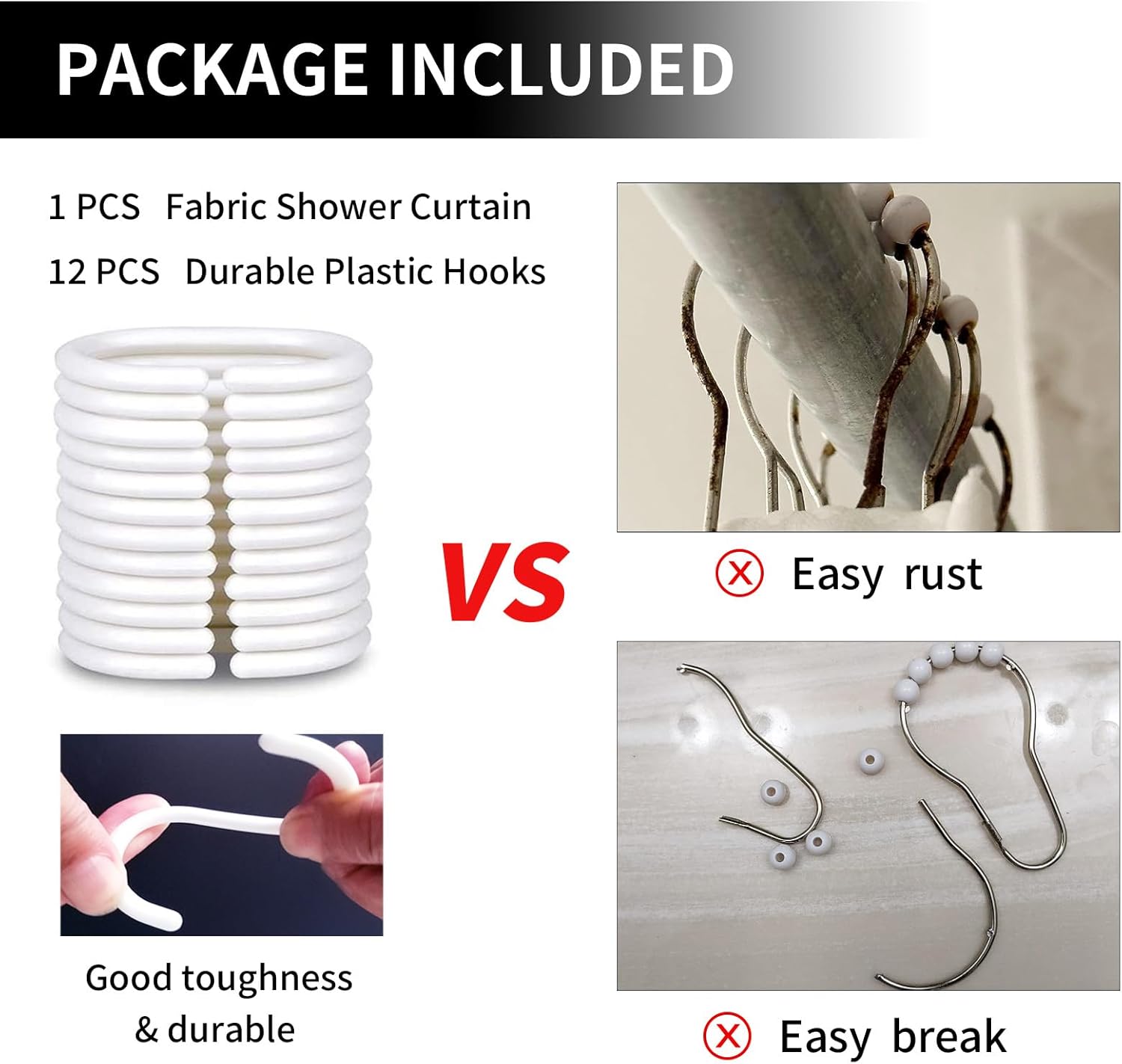 Juego de cortinas de ducha con borde ondulado, cortinas de ducha de baño pesadas de punto gofre, estilo hotel, con ventana superior transparente, 12