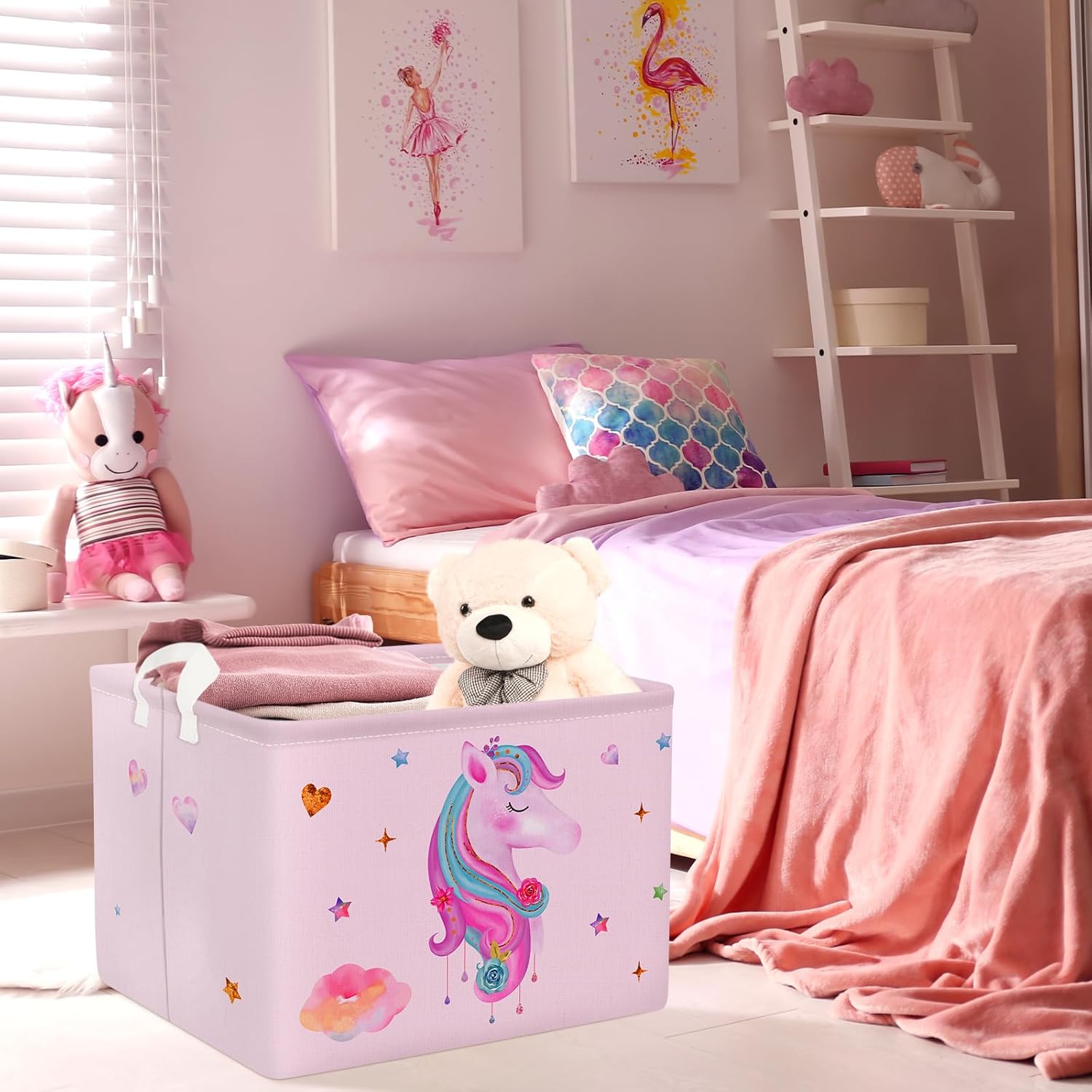 Clastyle Adorable cesta rectangular con diseño de unicornio rosa, estrella de nube, corazón, ropa, libros, cubo de almacenamiento de juguetes, 36L