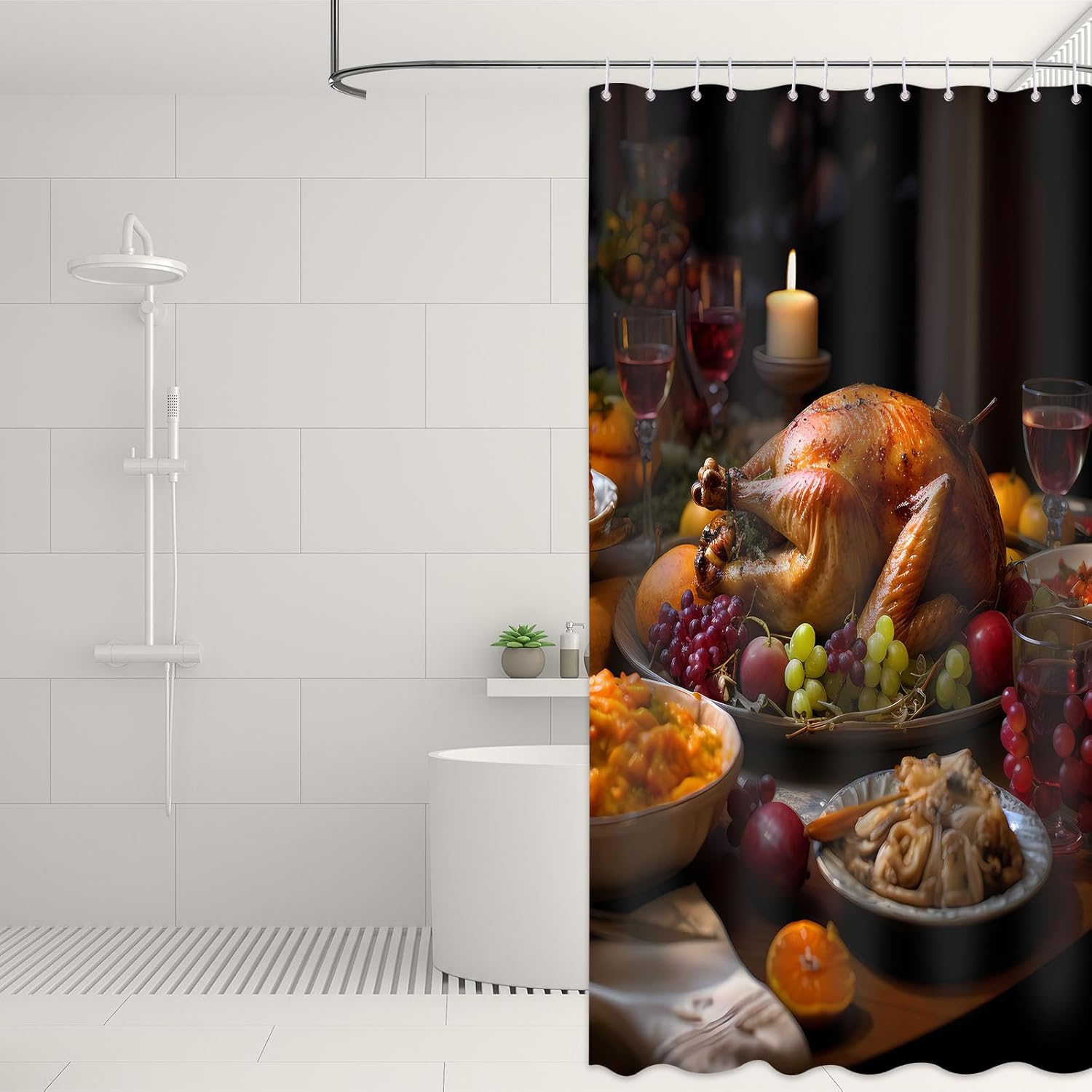 Cortina de ducha con texto en inglés “Merry Christmas” para baño, mesa de comedor, juego de cortinas de ducha de Navidad de pavo, impermeable, de