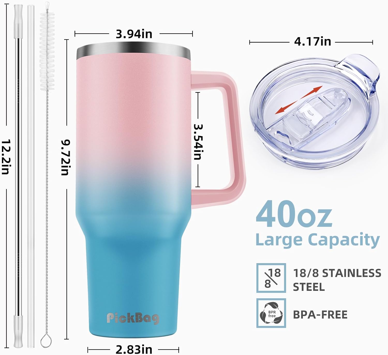 Vaso de 40 onzas con asa y tapa con pajilla, 100 % a prueba de fugas, taza de café de viaje con aislamiento de acero inoxidable, mantiene las