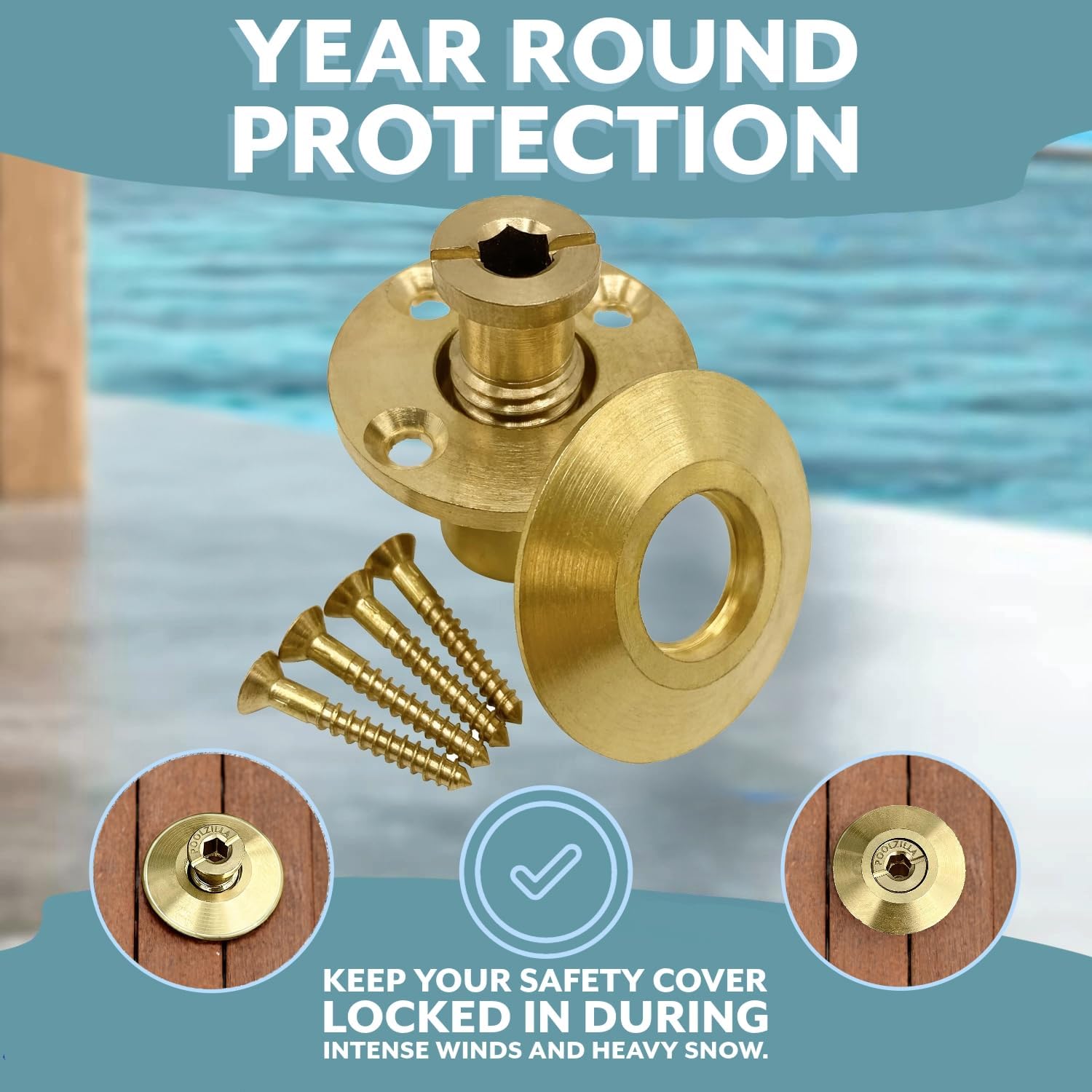 Poolzilla – Cubierta de seguridad para piscina, anclaje de latón con collar para cubiertas de madera, paquete de 10 unidades, ajuste universal