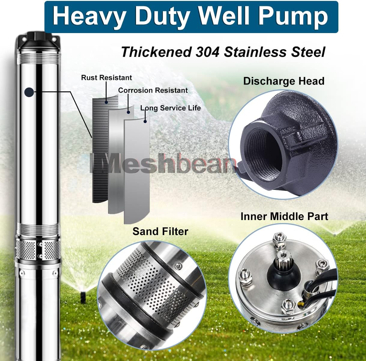 iMeshbean Bomba de pozo sumergible, bomba de pozo profundo de 4 pulgadas de acero inoxidable con cable de alimentación de 33 pies, resistente