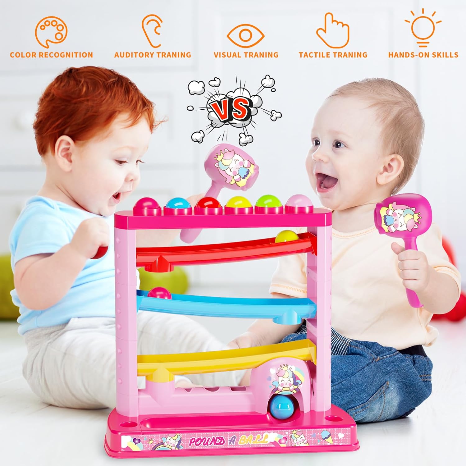Montessori Pound-A-Ball – Juguete para niños de 1 a 3 años, incluye 2 martillos y 12 pelotas – Regalo educativo de aprendizaje temprano para niñas