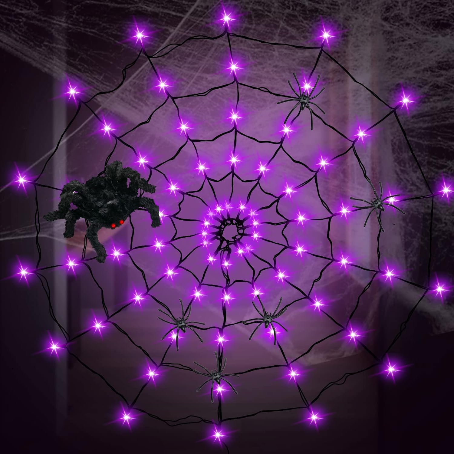 GVANCA Luces de telaraña de Halloween Decrations, 70 luces LED de telaraña para decoración de Halloween en interiores y exteriores, impermeables,