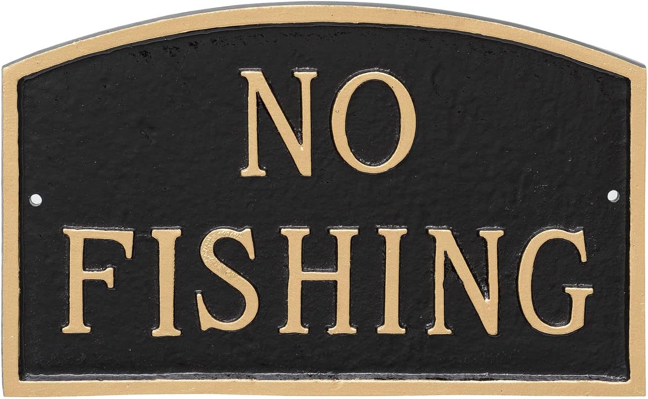 Placa de metal fundido sin arco de pesca – Pared o césped – Señal de advertencia de no pesca – Resistente a los rayos UV – Aluminio con
