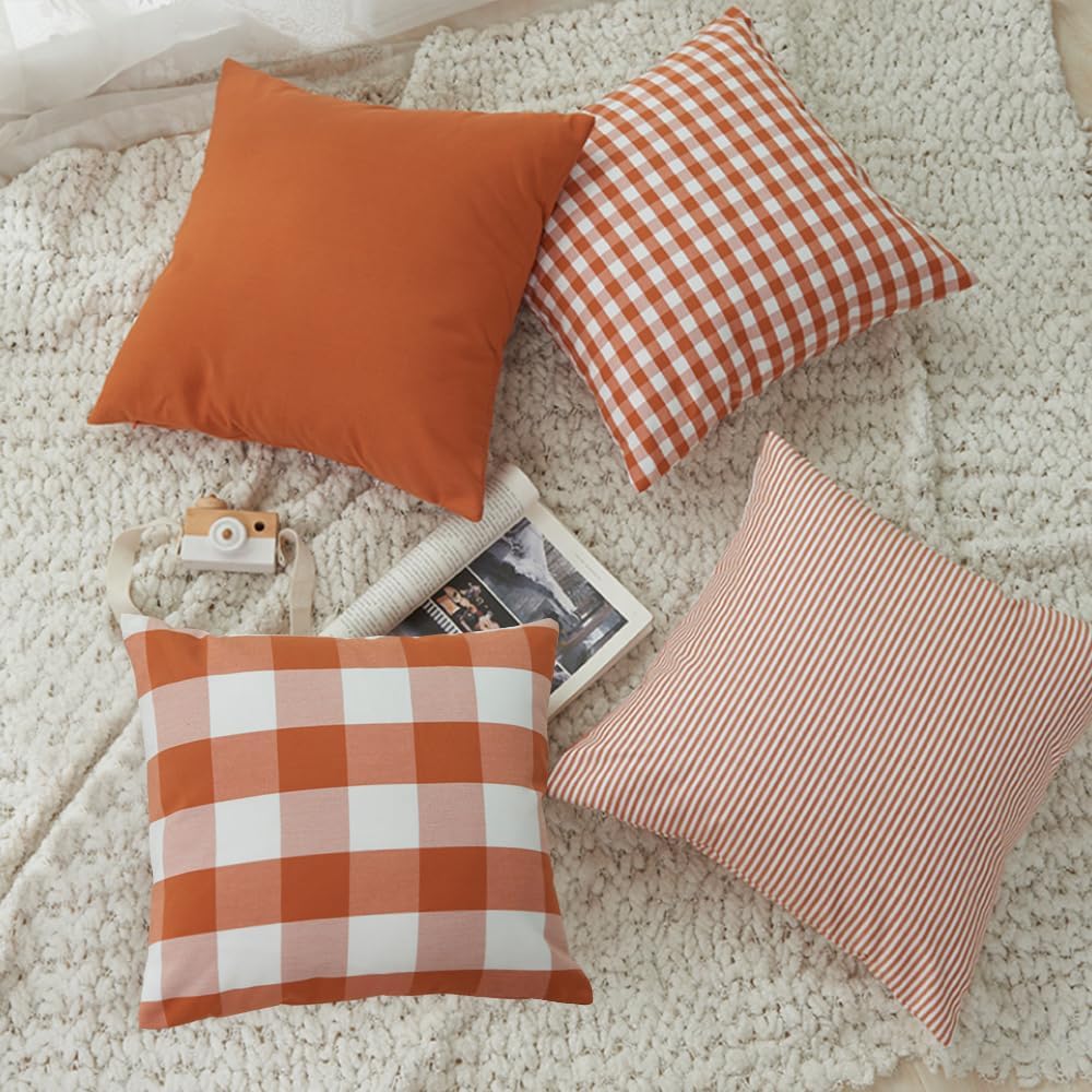 Fundas de almohada de otoño de 22 x 22 pulgadas, fundas de almohada naranja con cuadros de búfalo, naranja sólido, diseño a rayas y cuadros a