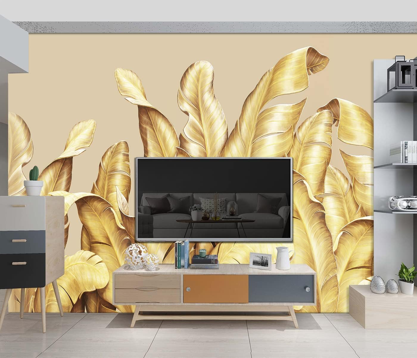 Papel pintado 3D botánico de hoja de plátano dorada, murales de plantas tropicales, decoración estética de habitación, sala de estar, fondo de
