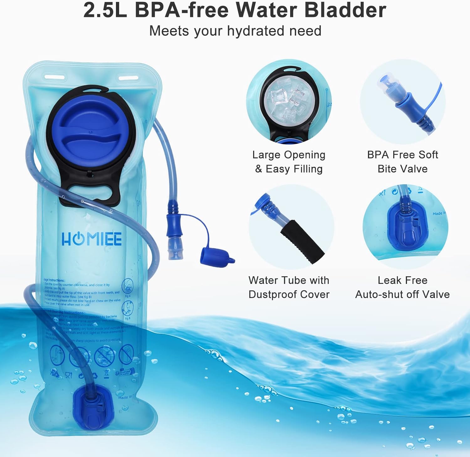 HOMIEE Mochila de hidratación de 20L de 2.5 L, bolsa de agua sin BPA, ligera, paquete de aislamiento térmico que mantiene el líquido fresco hasta 4