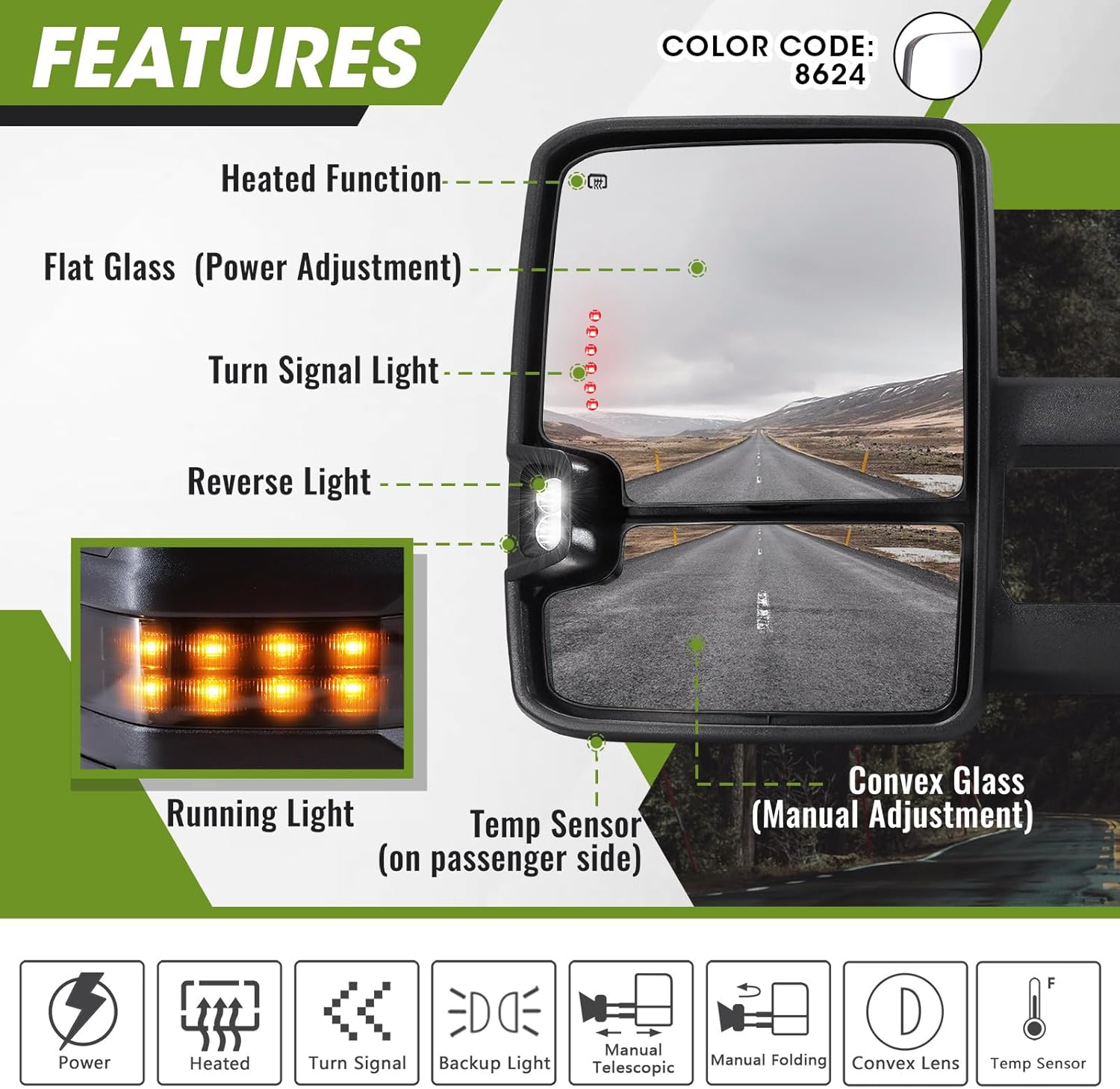 Espejos de remolque 2014-2018 Chevy Silverado GMC Sierra con luz de funcionamiento, luz de señal de giro, luz de respaldo, calefacción, vidrio
