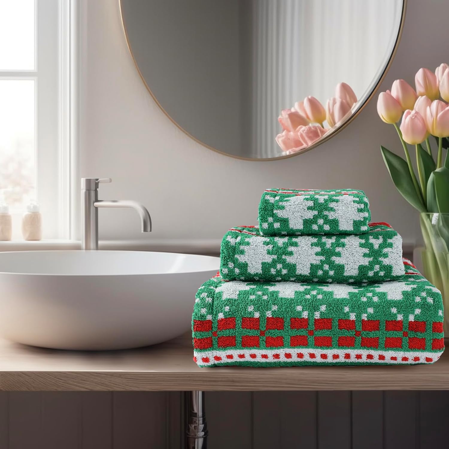 Juego de toallas de baño de lujo con diseño de copos de nieve con diseño verde para niños, 1 toalla de baño, 1 toalla de mano 100% algodón, ultra