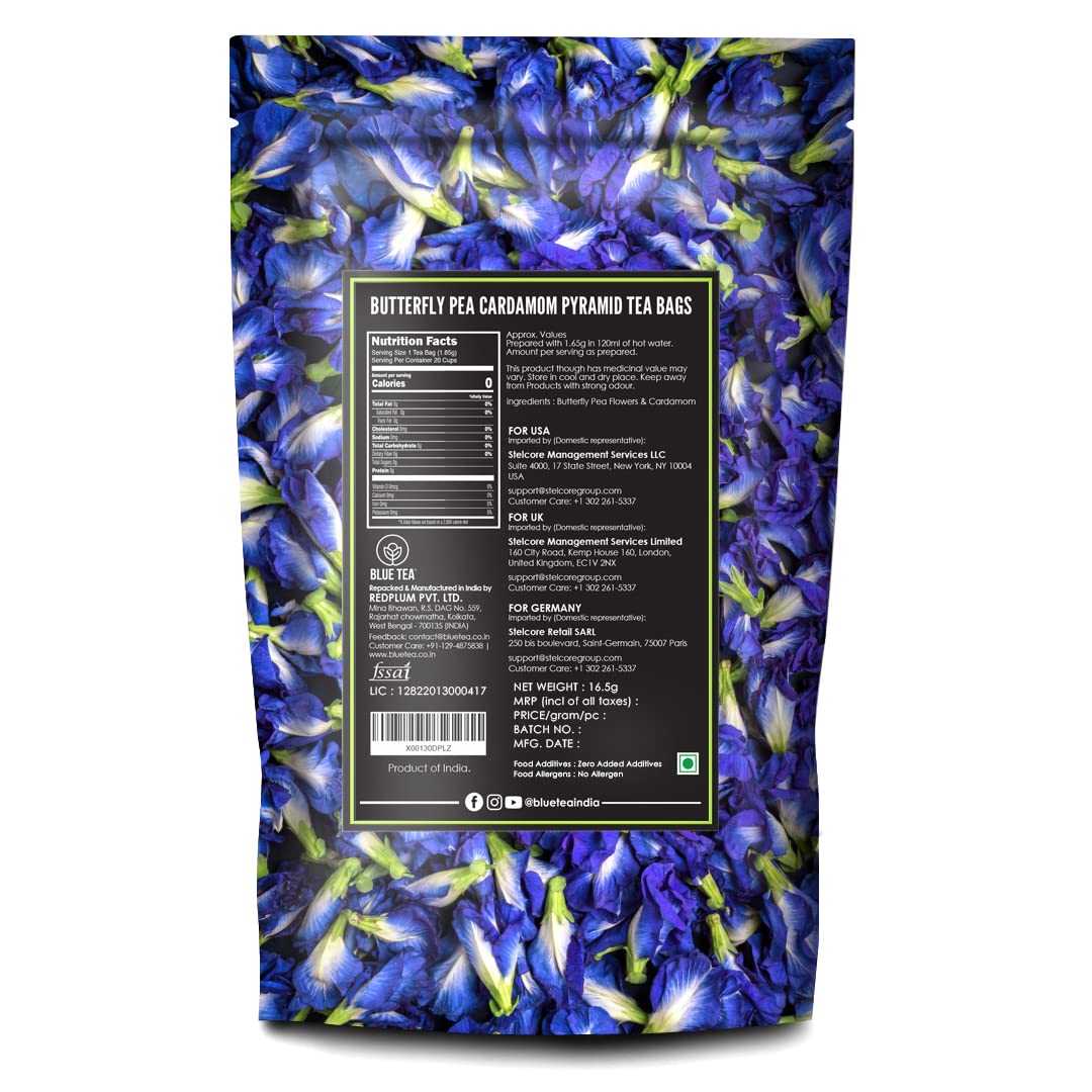 BLUE TEA – Té de hierbas de cardamomo de flor de guisante de mariposa – 10 bolsas de té  Té desintoxicante  Colorante natural de alimentos, té