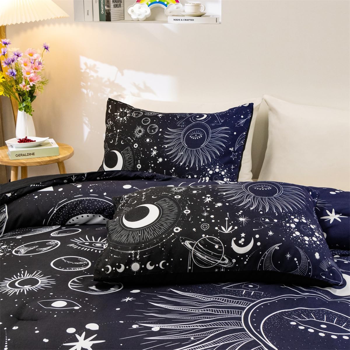 Holawakaka Juego de edredón con estampado de constelaciones de estrellas, luna, tamaño individual, para niñas y niños, juego de ropa de cama con