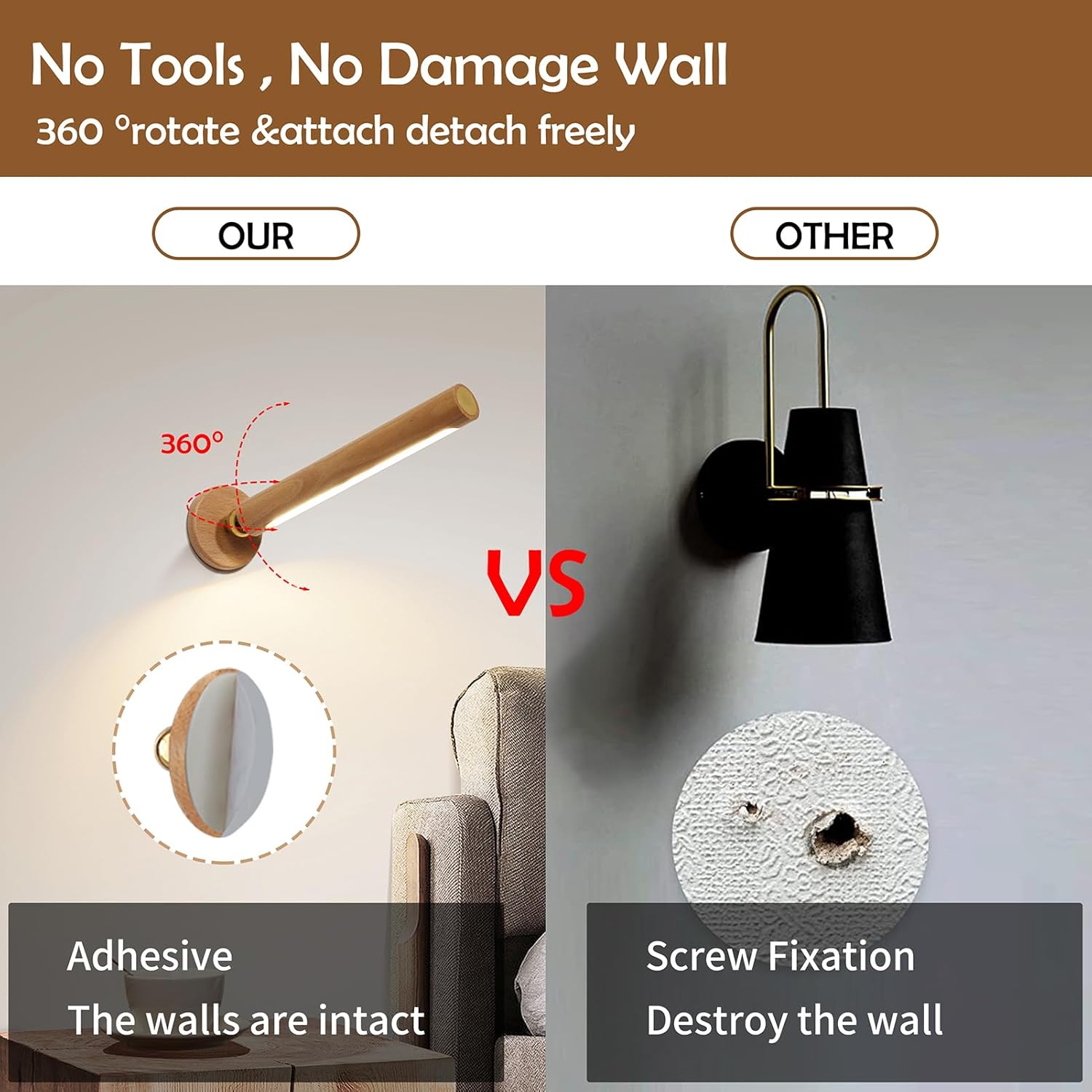 Lámpara de pared LED giratoria de 360, apliques de pared magnéticos recargables por USB, funciona con pilas, luz nocturna LED para el hogar (madera