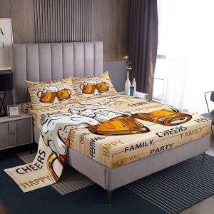 Juego de sábanas temáticas de animación y cerveza, tamaño individual, juego de ropa de cama de 3 piezas con diseño de taza de cerveza de dibujos Juego de sábanas temáticas de animación y cerveza, tamaño individual, juego de ropa de cama de 3 piezas con diseño de taza de cerveza de dibujos