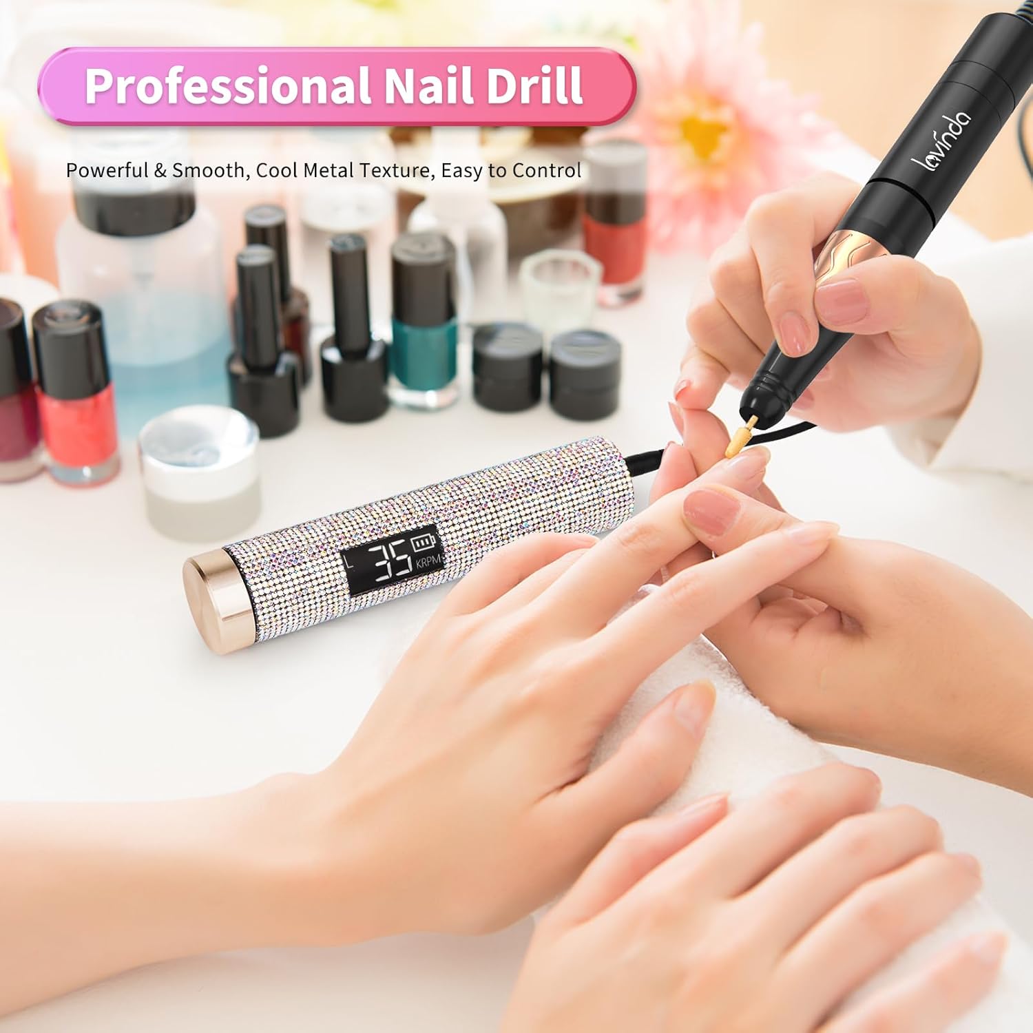 Lavinda Diamond Serise – Lámpara de uñas inalámbrica con diamantes de imitación brillantes, 35000 rpm, taladro de uñas portátil eléctrico profesional