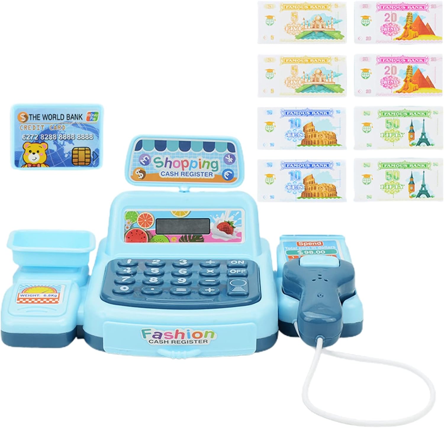 Caja registradora de juguete Juego con música Cajero Tienda de comestibles Supermercado Interactivo Playset para niños Regalo Juguete Azul