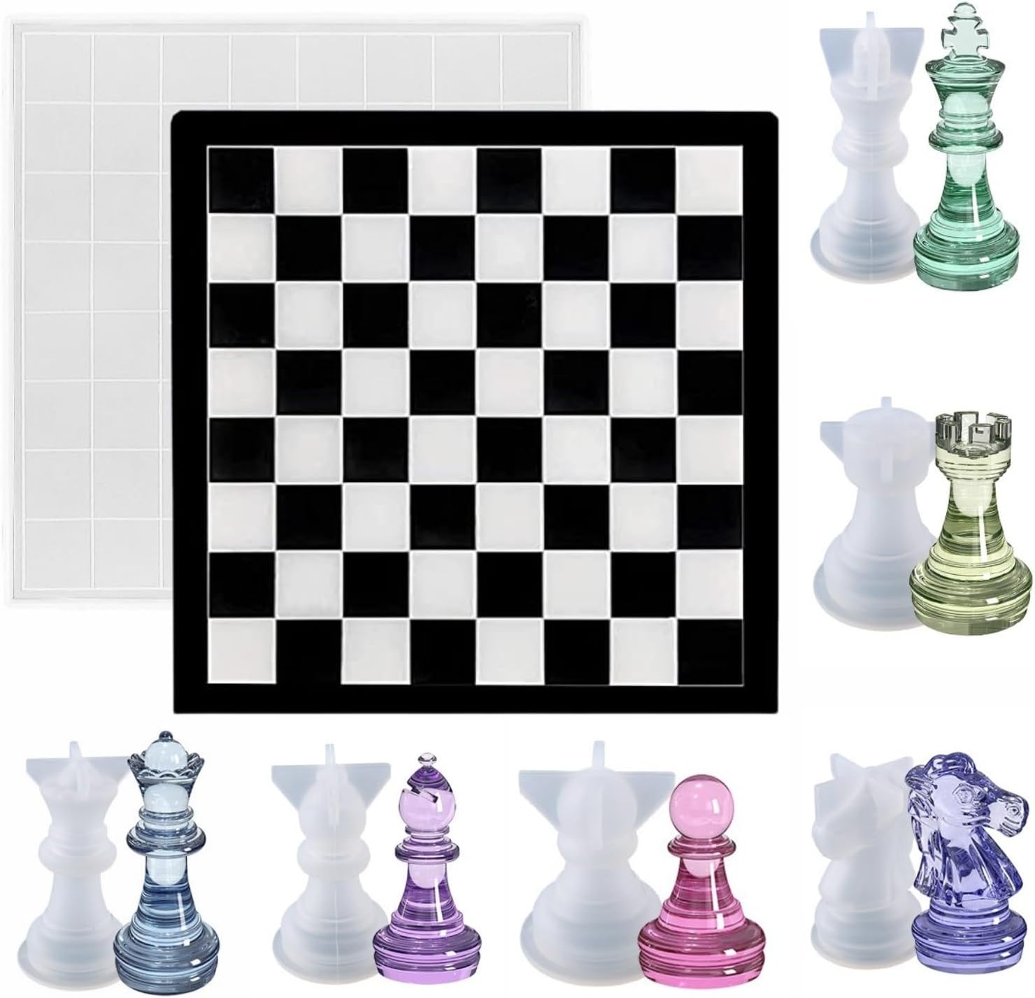 Juego de moldes de resina de ajedrez, 1 molde de silicona para tablero de ajedrez y 16 moldes epoxi de ajedrez 3D de tamaño completo y molde de