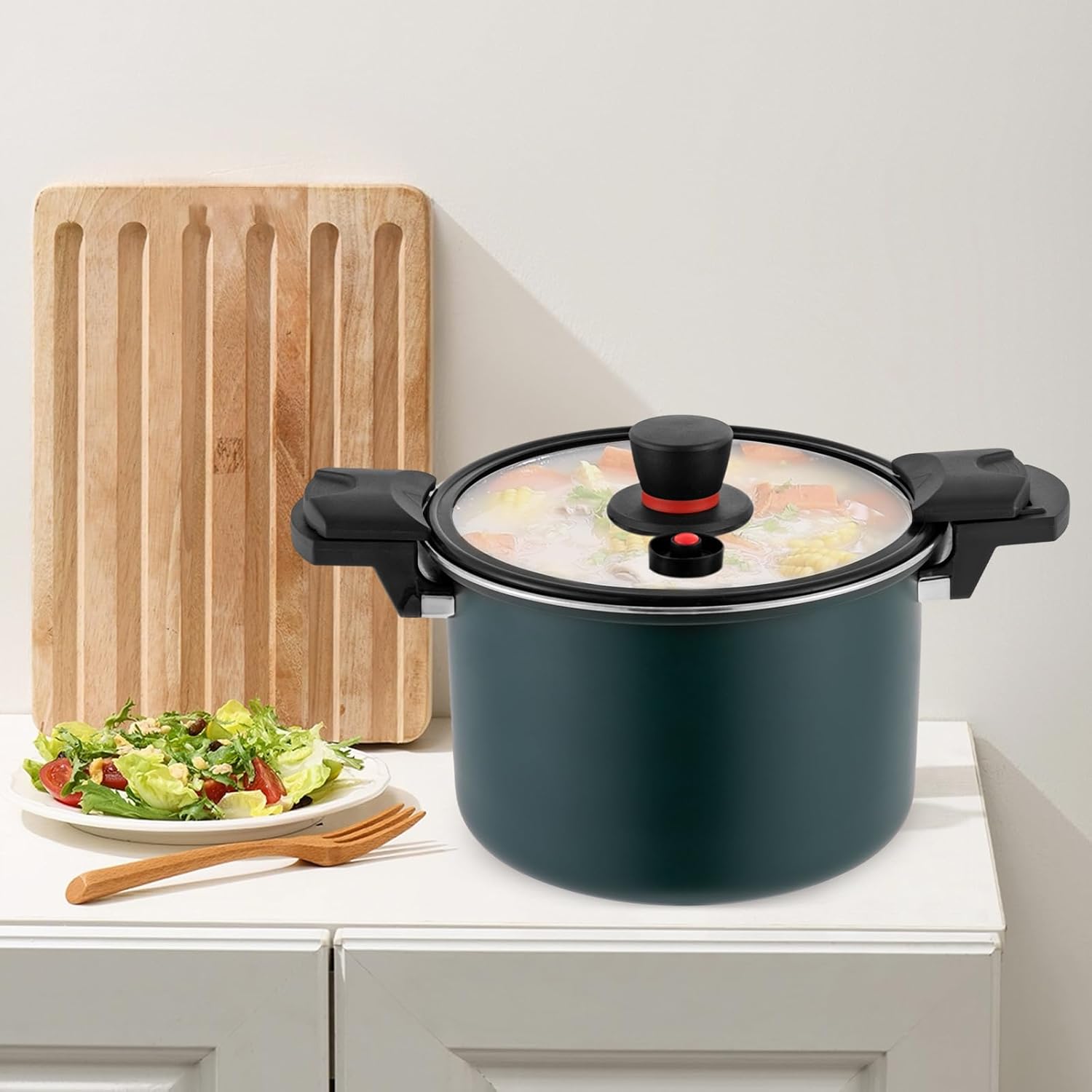 Olla a presión de acero inoxidable de 7.4 cuartos de galón de capacidad, válvula de resorte, dispositivos de protección con tapa de vidrio