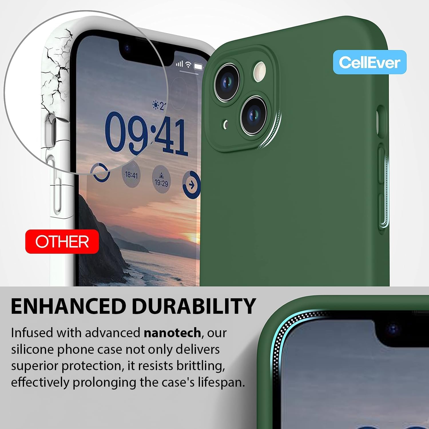 CellEver Funda de silicona duradera para iPhone 13 con material mejorado, protección de cámara de grado profesional, protección contra caídas de