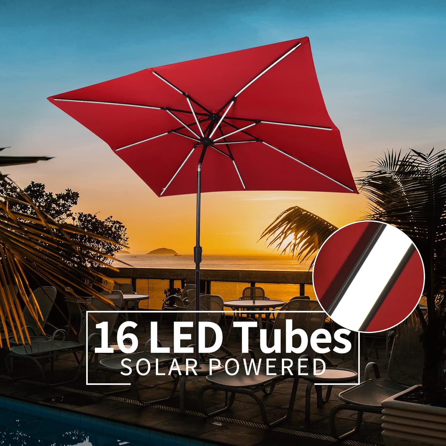 Sombrilla de playa LED roja de 9 pies con 16 barras LED de energía solar, operación de fácil inclinación, marco de aluminio, tela impermeable,