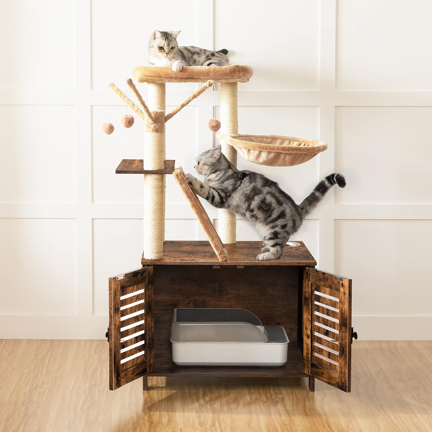 Árbol para gatos con caja de arena, torre de madera para gatos de 44 pulgadas de alto con postes rascadores, hamaca para gatos, muebles de caja de