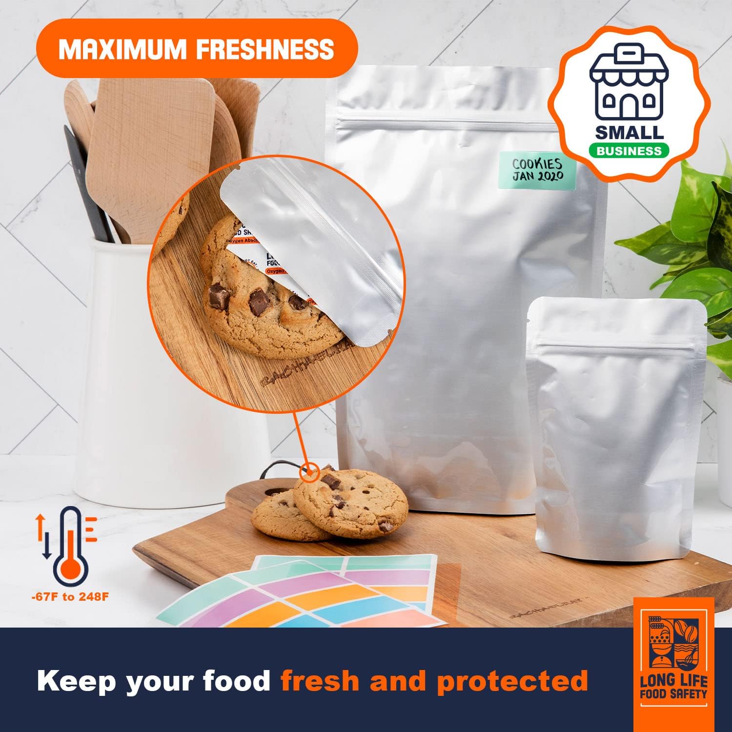 Absorbentes de oxígeno de 2500 cc para almacenamiento de alimentos (20 paquetes) y paquete de varios tamaños (120 bolsas) bolsas de Mylar para