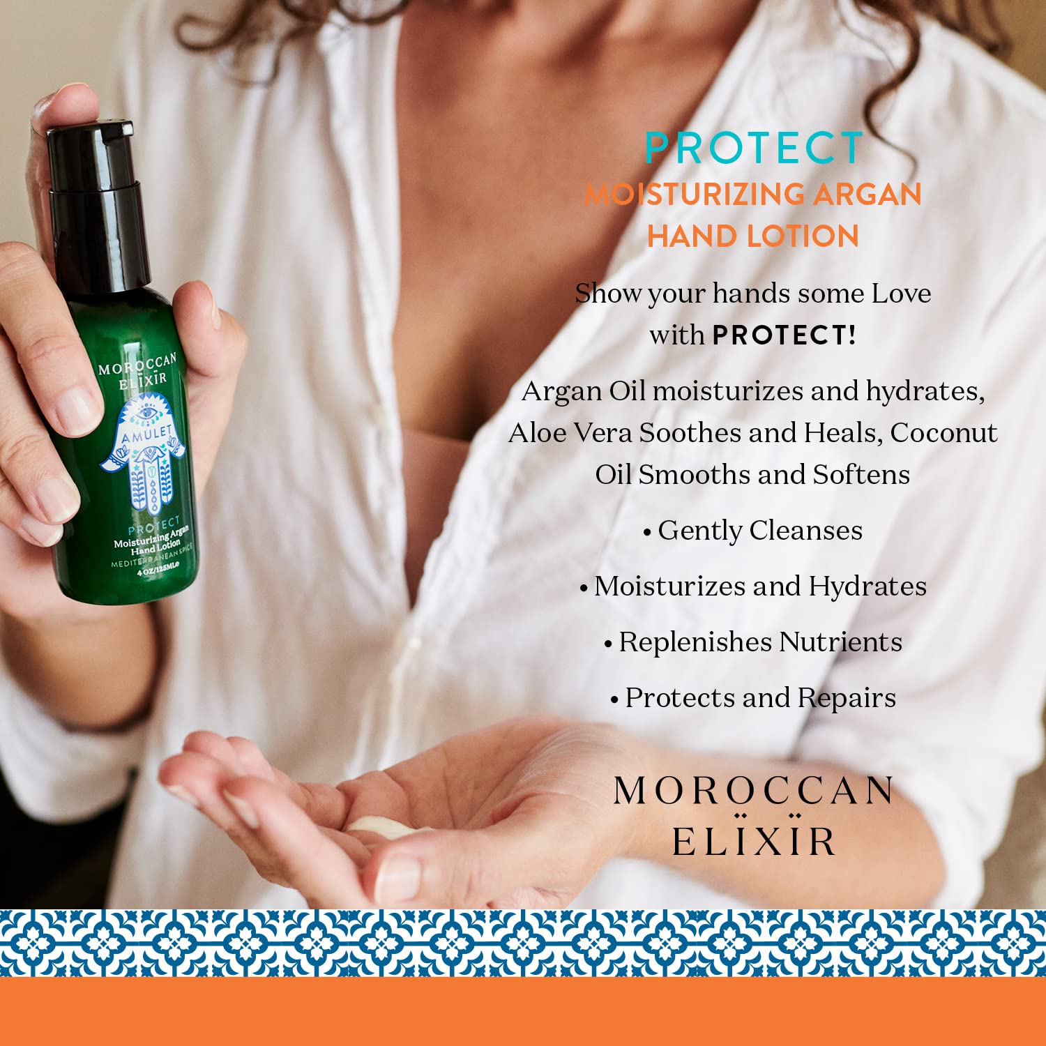 Protect Argan Loción para manos con pomandro de naranjaabsorción rápida, nutritiva, suavizante e hidratante  Enriquecida con aceites omega