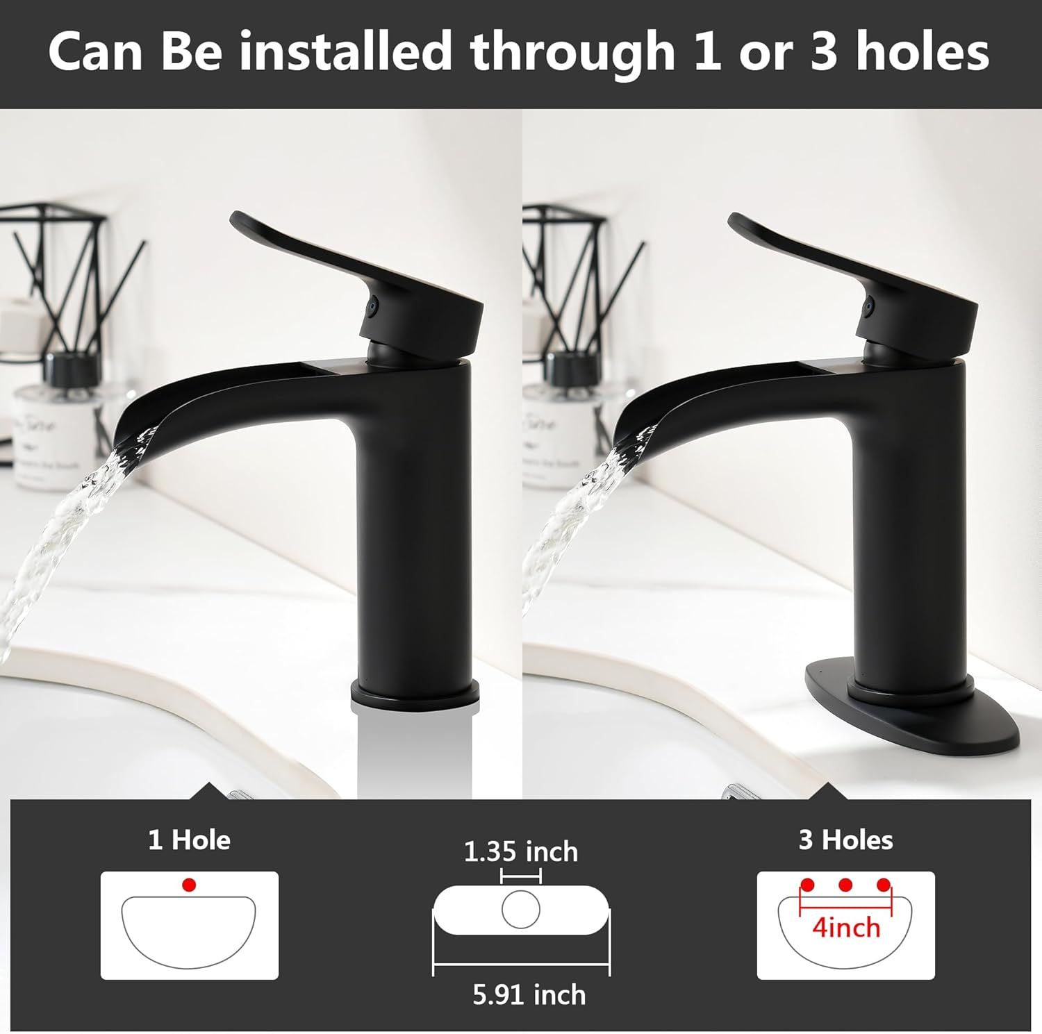 BRAVEBAR Grifo de baño de cascada negra, grifos de lavabo de baño de 4 pulgadas para 1 agujero, latón macizo, moderno grifo de tocador de una sola