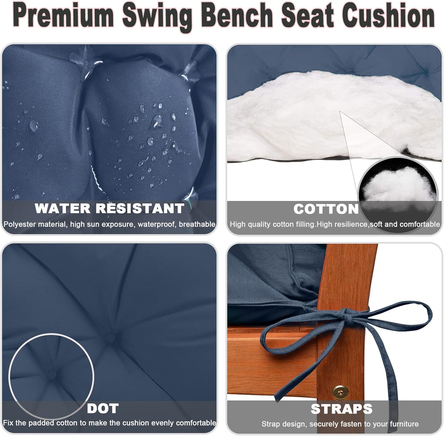 Bench Cushions Swing Cushions Replacement Seat Pad, 3 Seater Waterproof Overstuffed Bench Cushion,Outdoor Loveseat Cushions with Ties for Porch