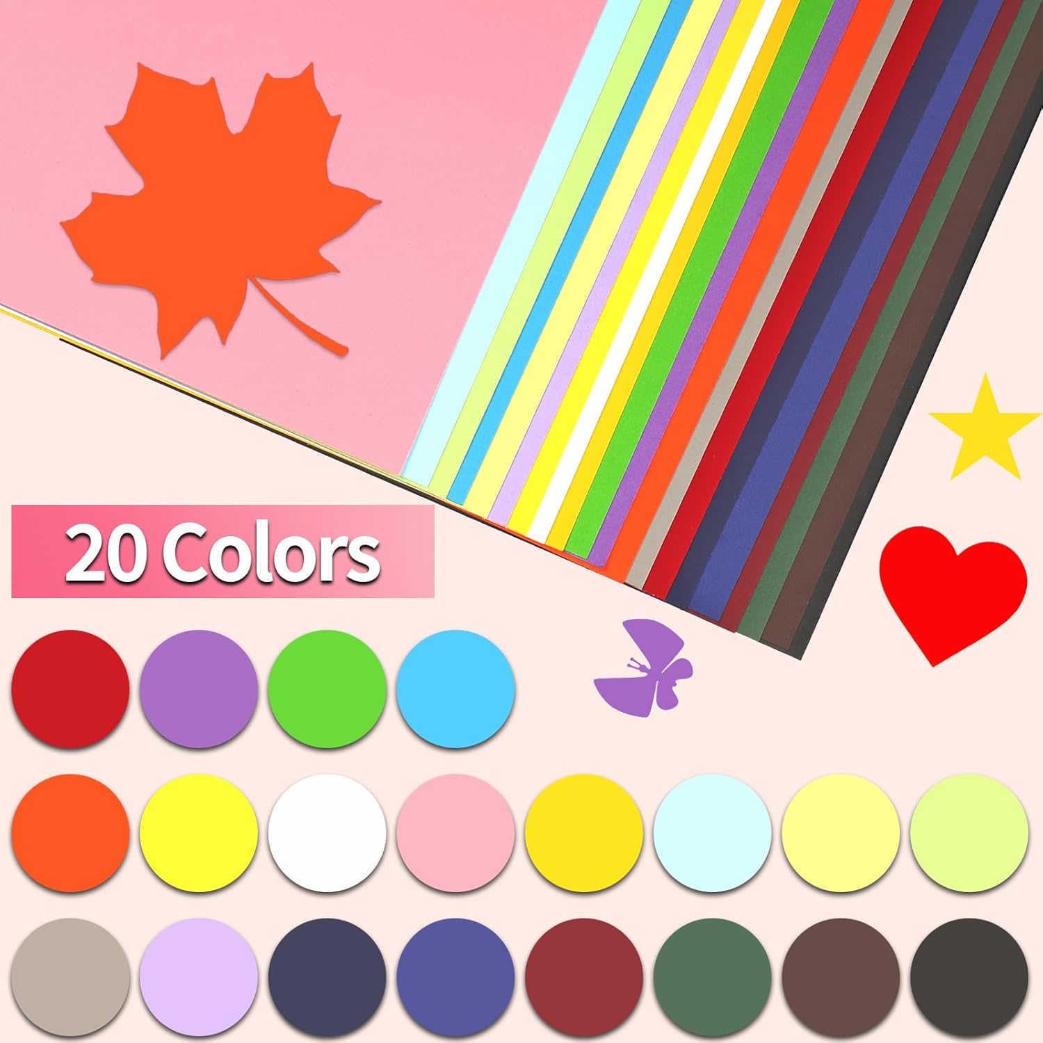 Cartulina de colores, 20 hojas, 20 colores surtidos, tamaño A4, papel de cartulina de 8.5 x 11 pulgadas, papel de cartulina de 75 libras de 75