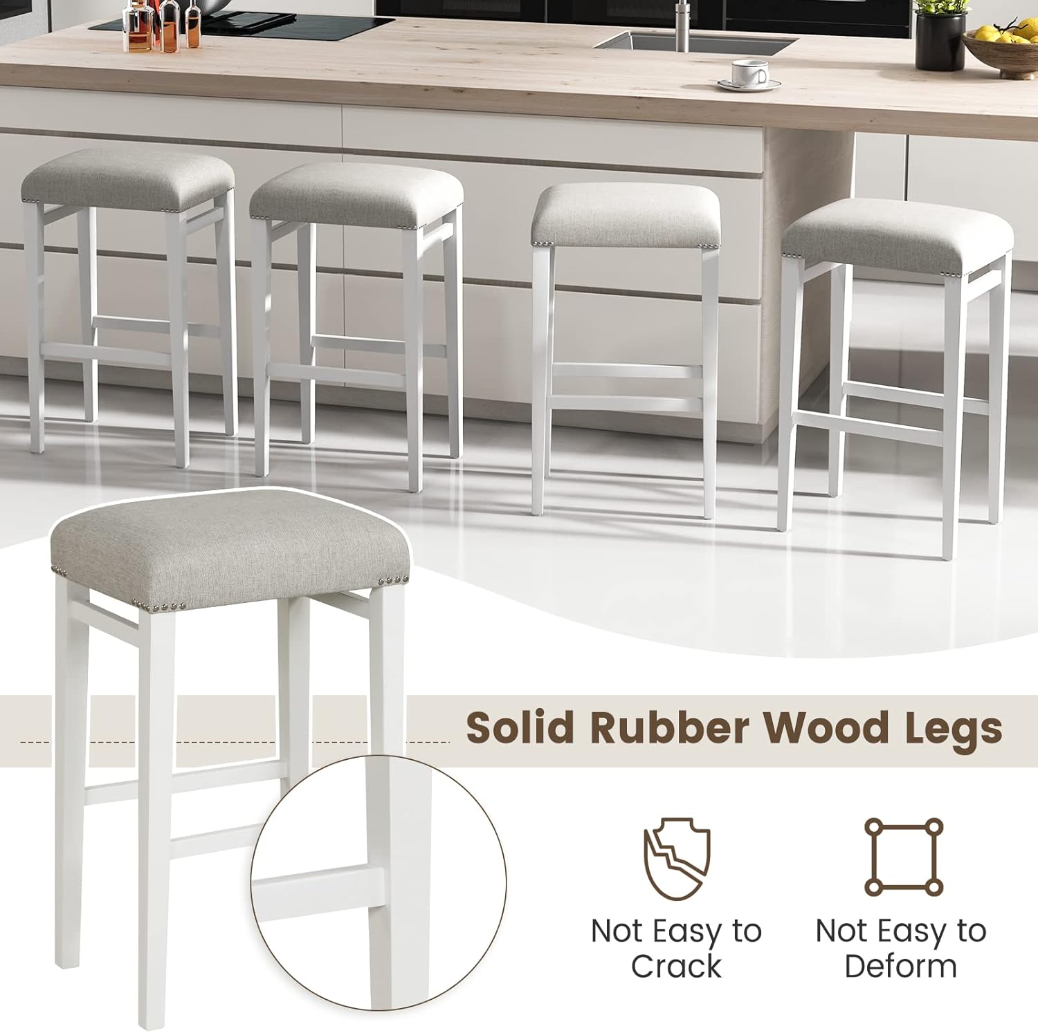 COSTWAY Juego de 2 taburetes de bar de 29.5 pulgadas de altura de mostrador con cojines de asiento acolchados, patas de madera de caucho natural,