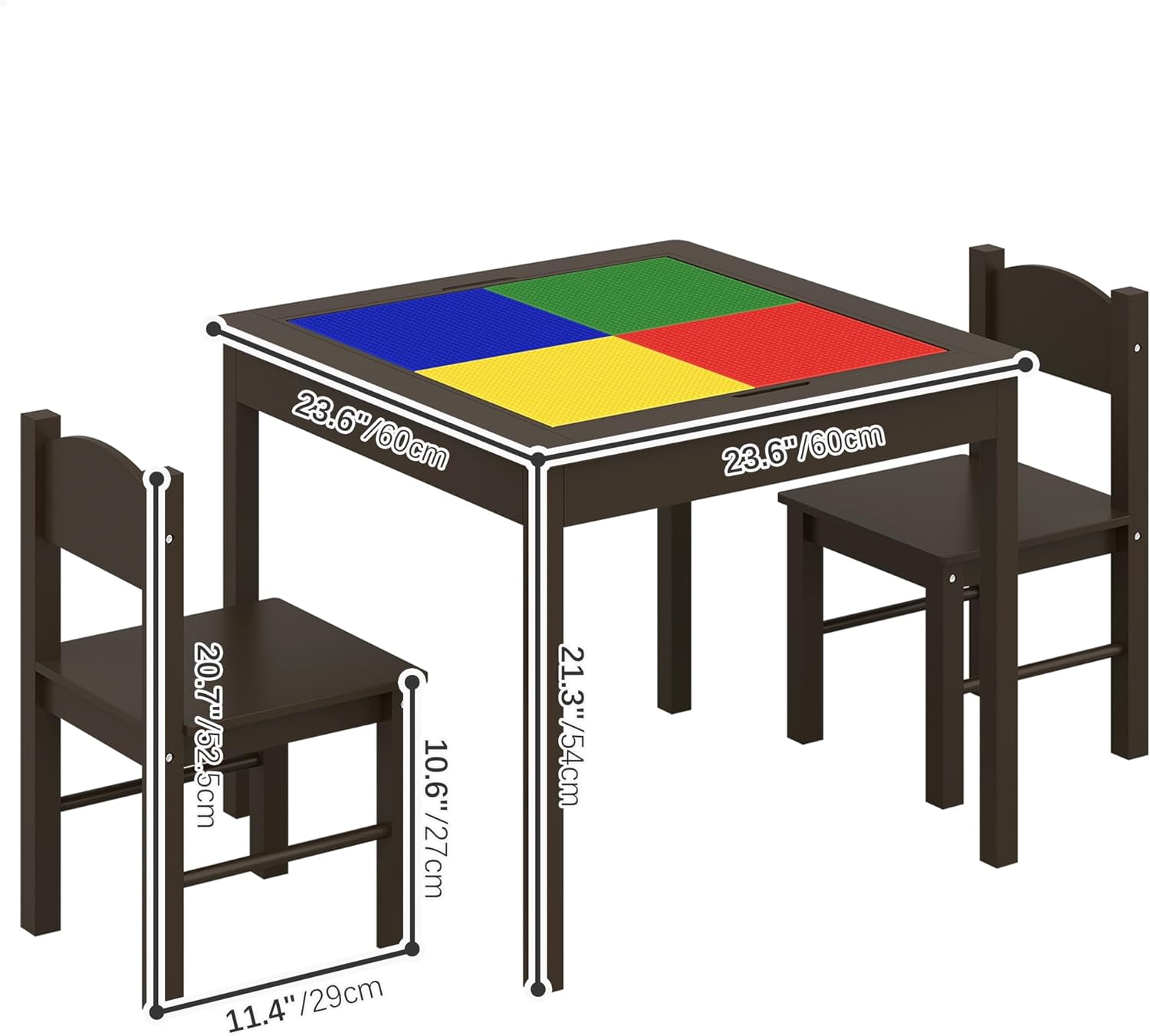 4NM Juego de mesa de juego 3 en 1 para niños y 2 sillas con almacenamiento, compatible con Lego y Duplo Bricks, mesa de madera para niños pequeños,