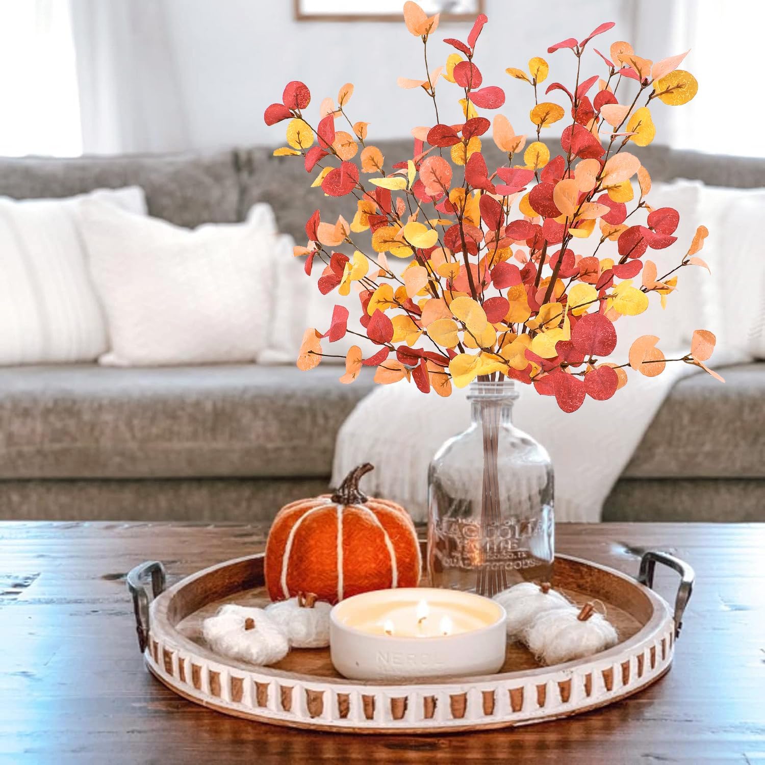 Sawowkuya 6 hojas artificiales de eucalipto de otoño, hojas de otoño, arreglos florales de otoño falsos, tallos florales de otoño, tallos de otoño
