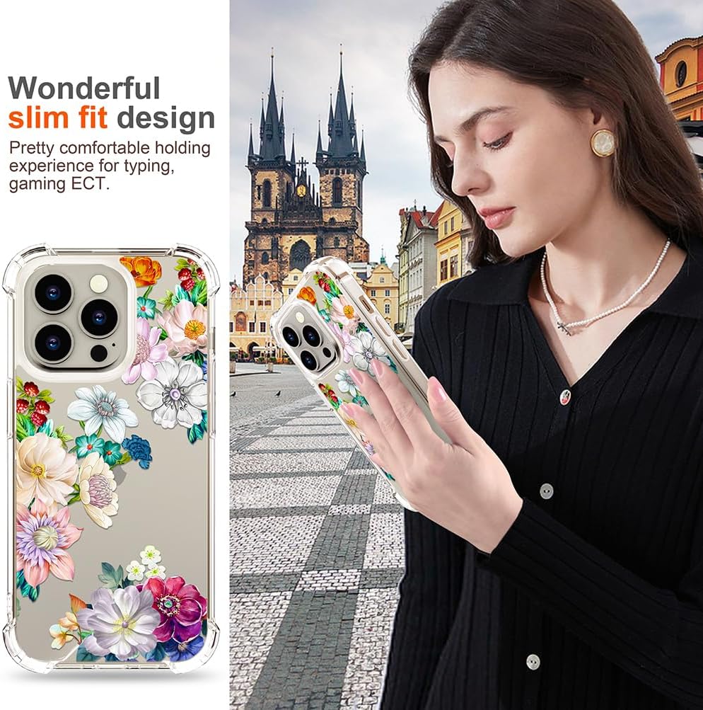 Funda para iPhone 15 Pro con diseño floral, bonita funda transparente con diseño, femenino para mujeres y niñas, funda transparente floral