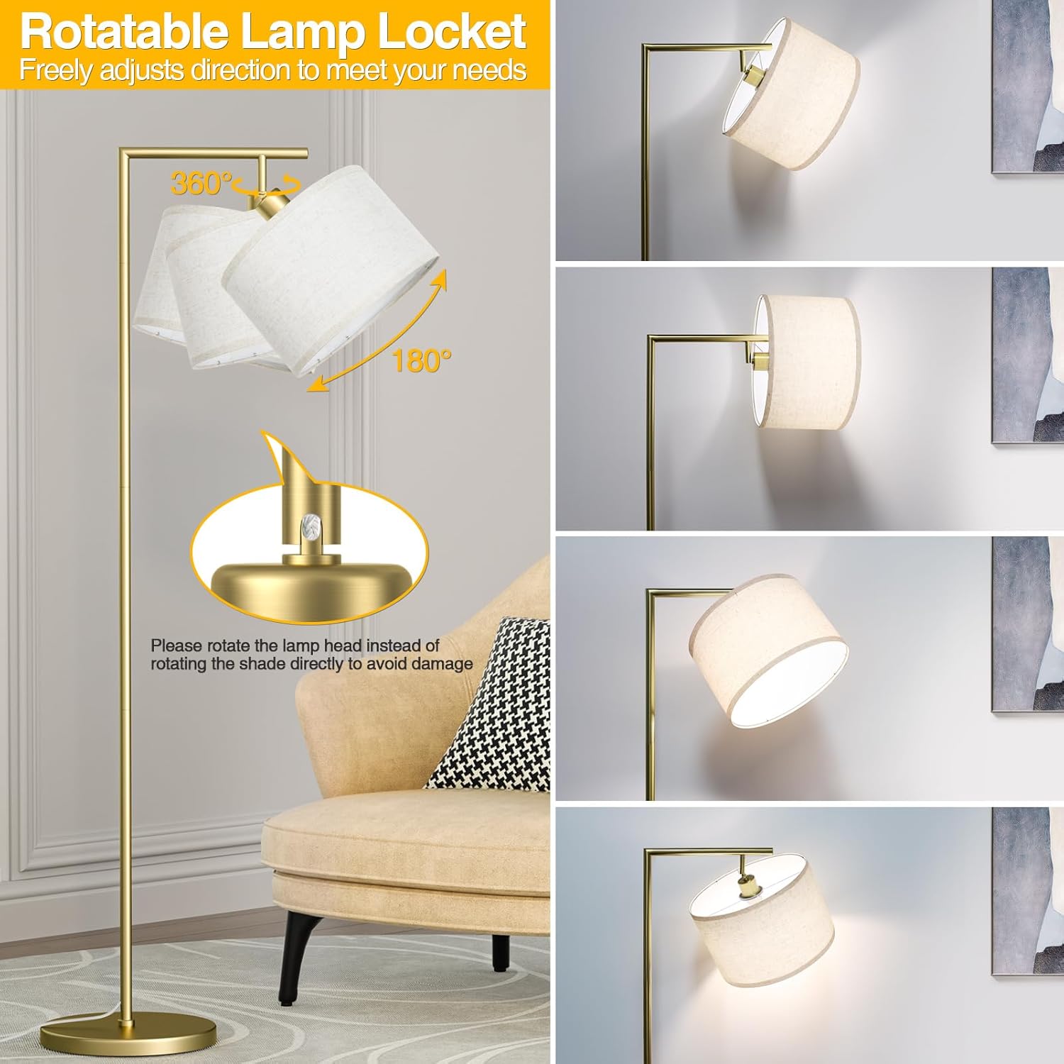 Lámpara de pie para sala de estar con 3 temperaturas de color, con pantalla ajustable de lino beige, lámparas altas para dormitorio, oficina, aula,