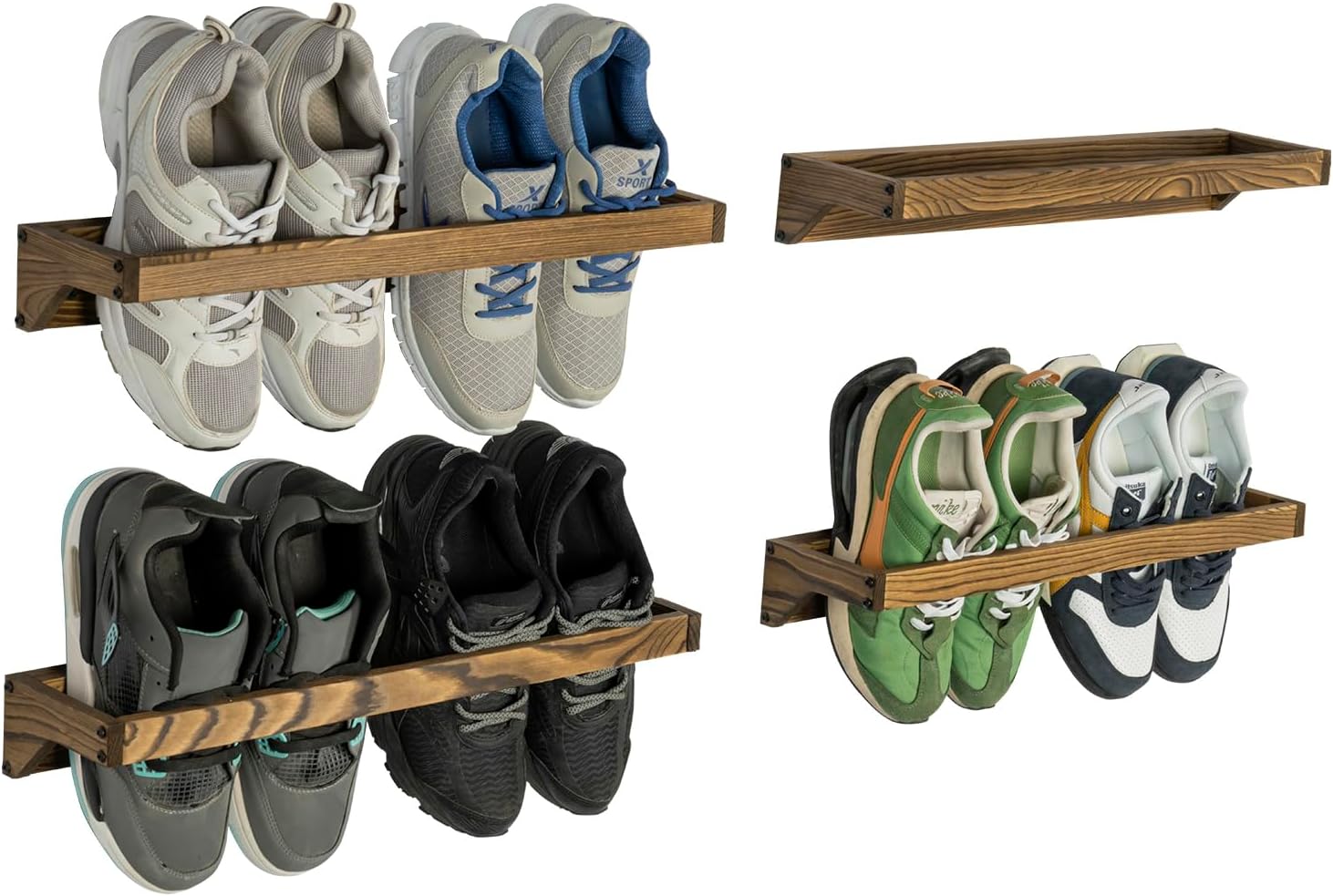 MyGift Juego de 4 estantes organizadores de almacenamiento de zapatos de madera maciza rústica quemada, montaje en pared, ahorro de espacio para