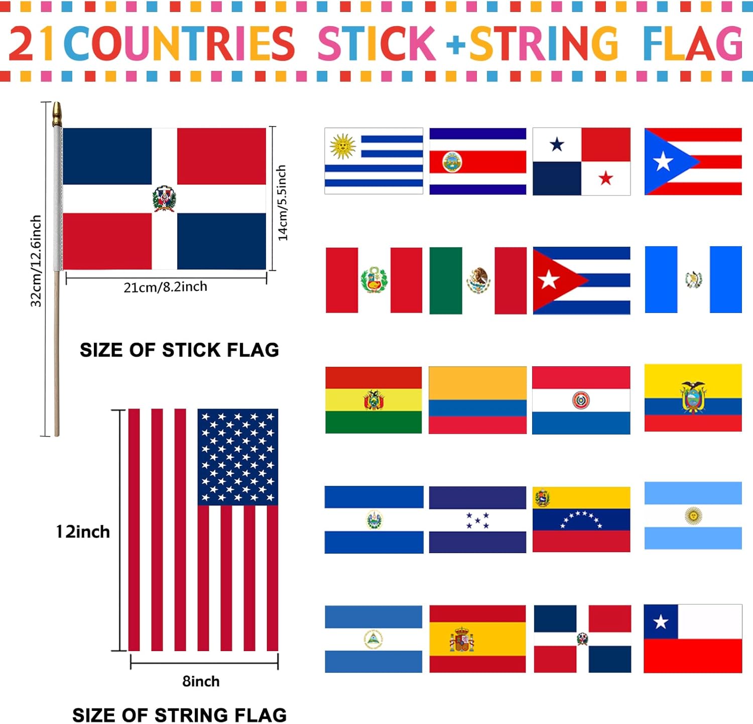 Banderas pequeñas de mano de 5 x 8 pulgadas, 21 países latinos de mano con bandera hispanoamericana, junto con 21 países, banderas de cuerda de