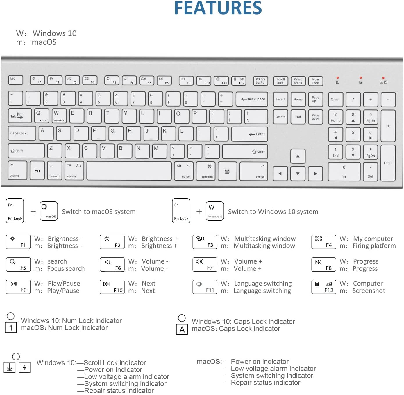 FEDARFOX – Combo de teclado y mouse inalámbricos, ergonómico de conmutación de sistema doble, delgado, compacto, de tamaño completo, teclado