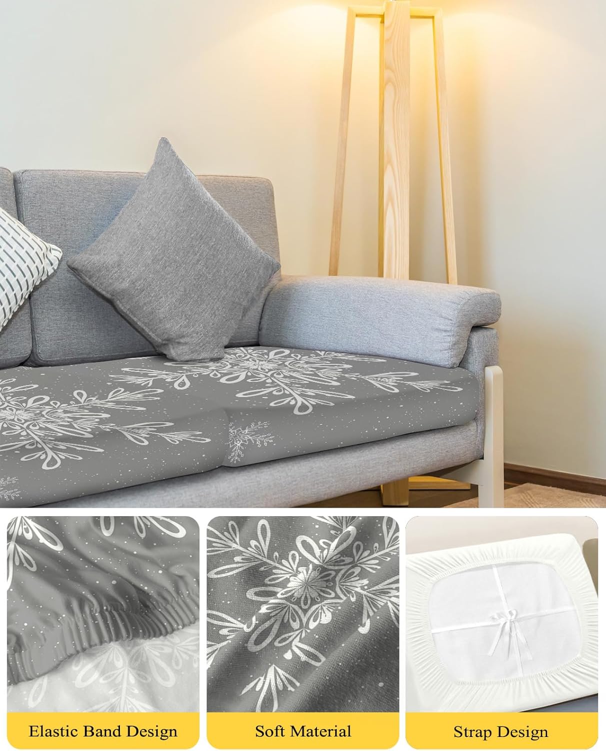 Prime Leader Fundas de cojín para sofá, fundas elásticas para sofá, diseño de copos de nieve grises de Navidad, fundas protectoras de muebles para