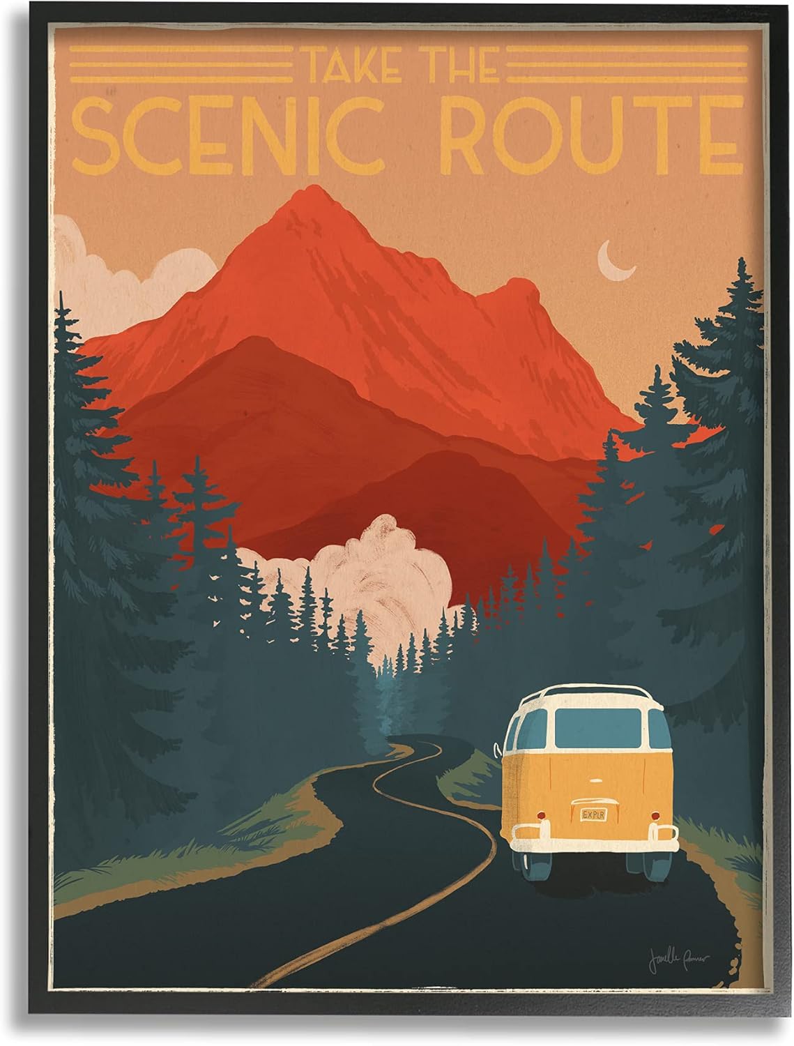 Stupell Industries Take The Scenic Route Frase Retro Mountain Travel, diseñado por Janelle Penner – Arte de pared enmarcado negro de 11 x 14