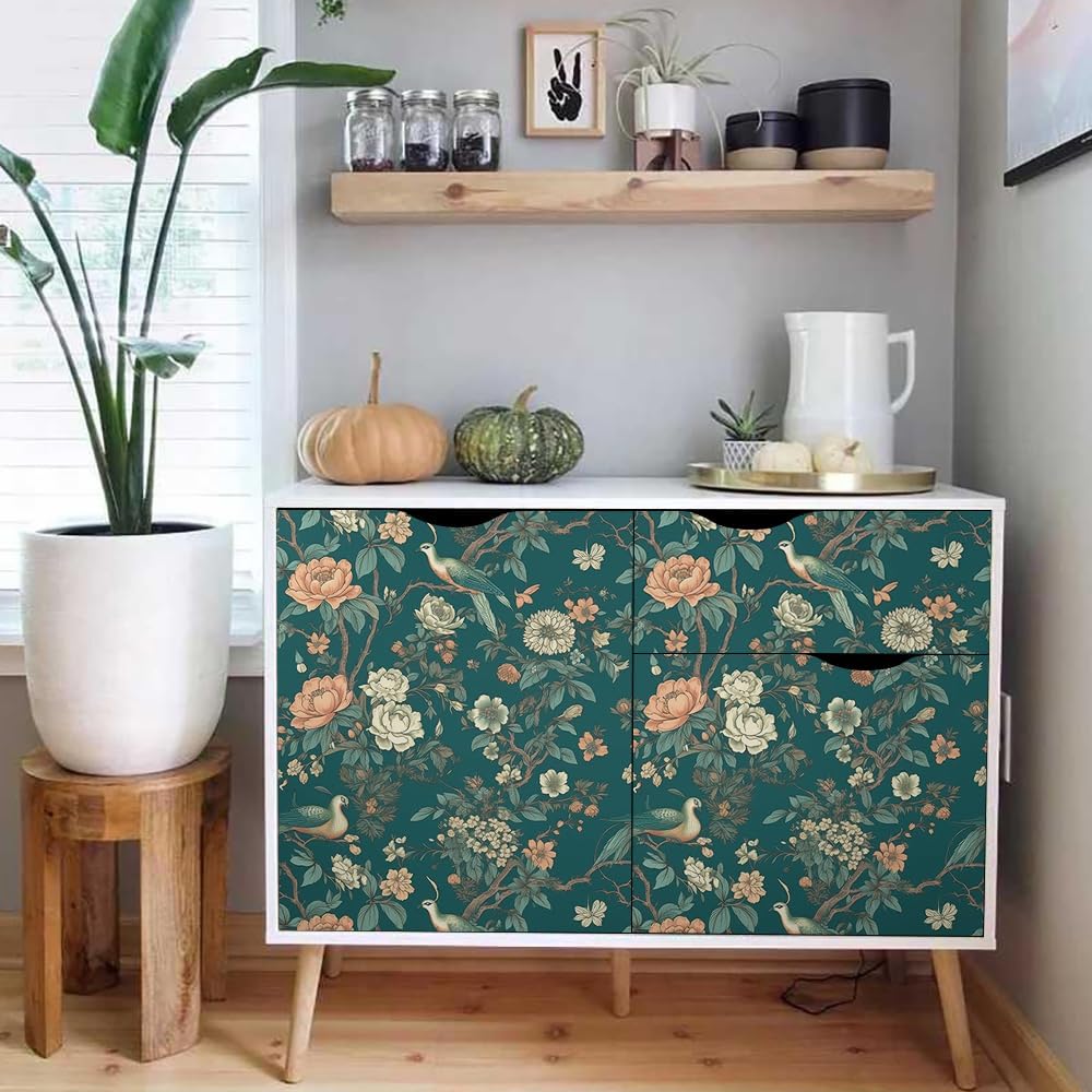 VistaPalette Papel tapiz autoadhesivo autoadhesivo de 18 x 236 pulgadas, diseño de flores, pájaros y grúas, papel de contacto extraíble, fácil de