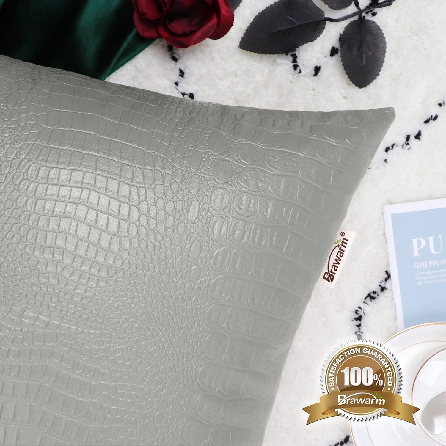 Juego de 2 fundas de almohada BRAWARM para sofá, decoración del hogar, color liso y suave de piel sintética de cocodrilo en ambos lados.