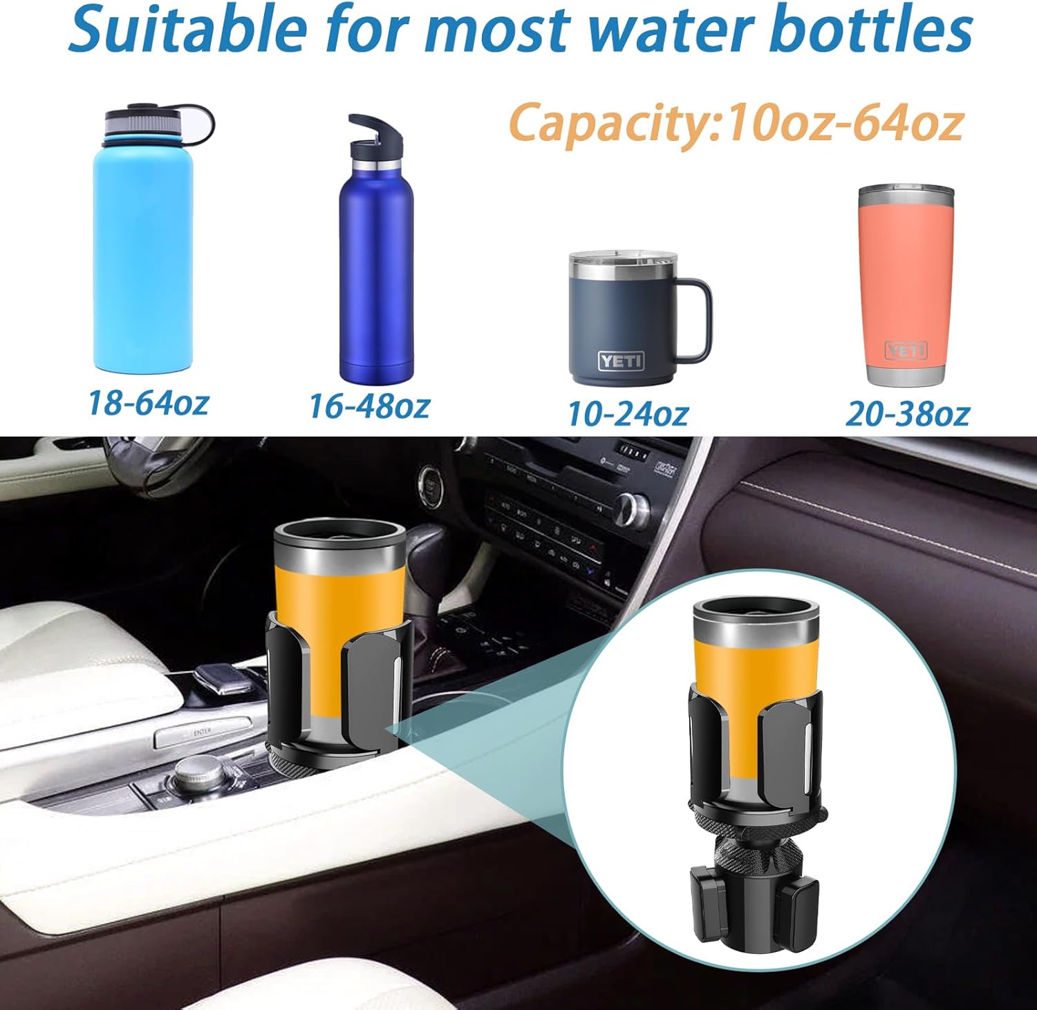 Expansor de portavasos grande mejorado para automóvil se adapta a contenedores de 10 a 64 onzas, 2.95 a 5.5 pulgadas, soporte universal para tazas