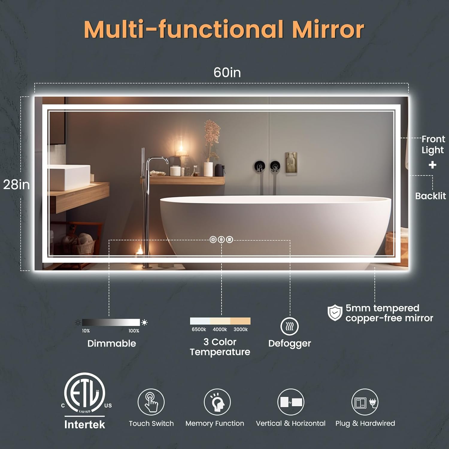 SOGOLINE Espejo LED de tocador de baño de 60 x 28 pulgadas, espejo de baño delantero y retroiluminado con luces, vidrio templado superior, antivaho,