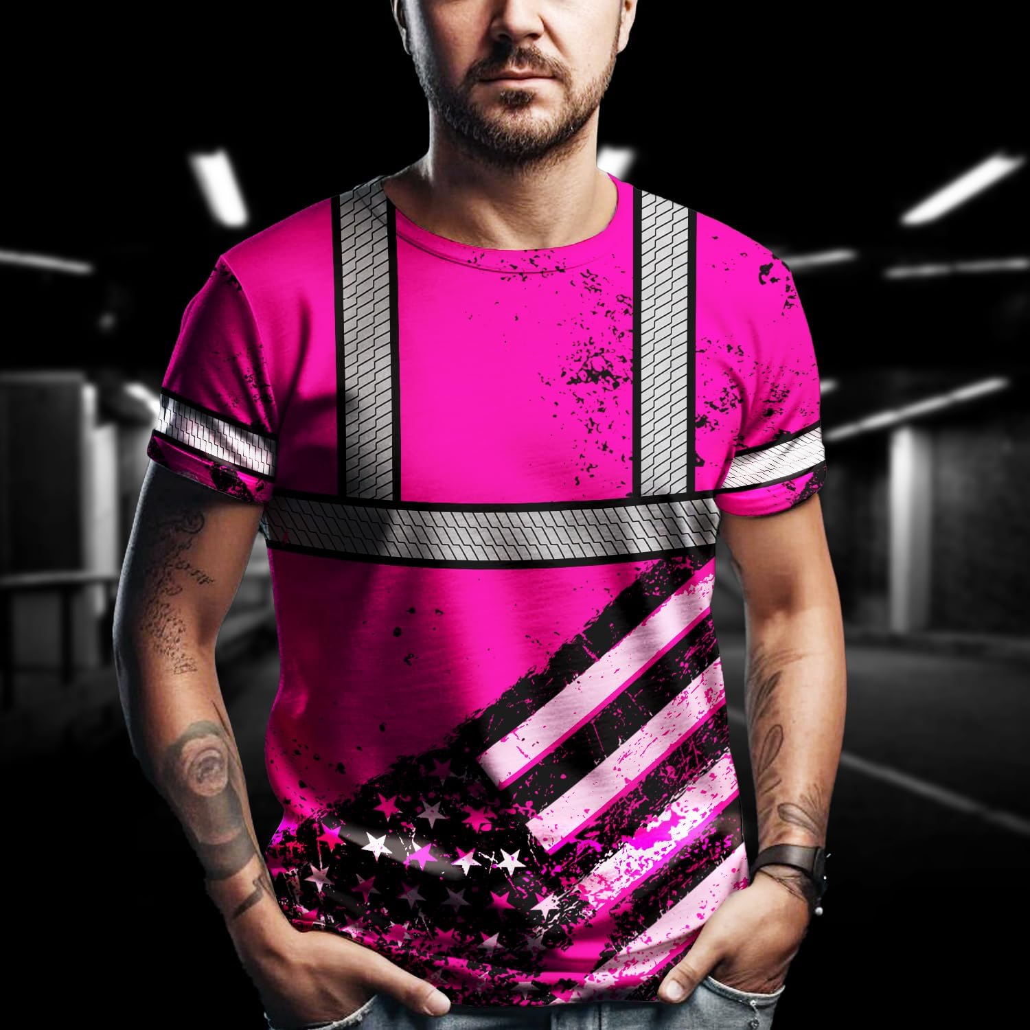HiVis Custom Camisa de alta visibilidad de calavera con bandera de Estados Unidos para hombres, camisas de seguridad con nombre personalizado, ropa