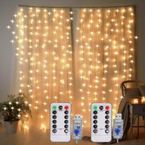 LEDIKON Paquete de 2 luces de cortina para interiores, 600 luces LED de color blanco cálido, enchufe USB, control remoto y temporizador, tira de LEDIKON Paquete de 2 luces de cortina para interiores, 600 luces LED de color blanco cálido, enchufe USB, control remoto y temporizador, tira de