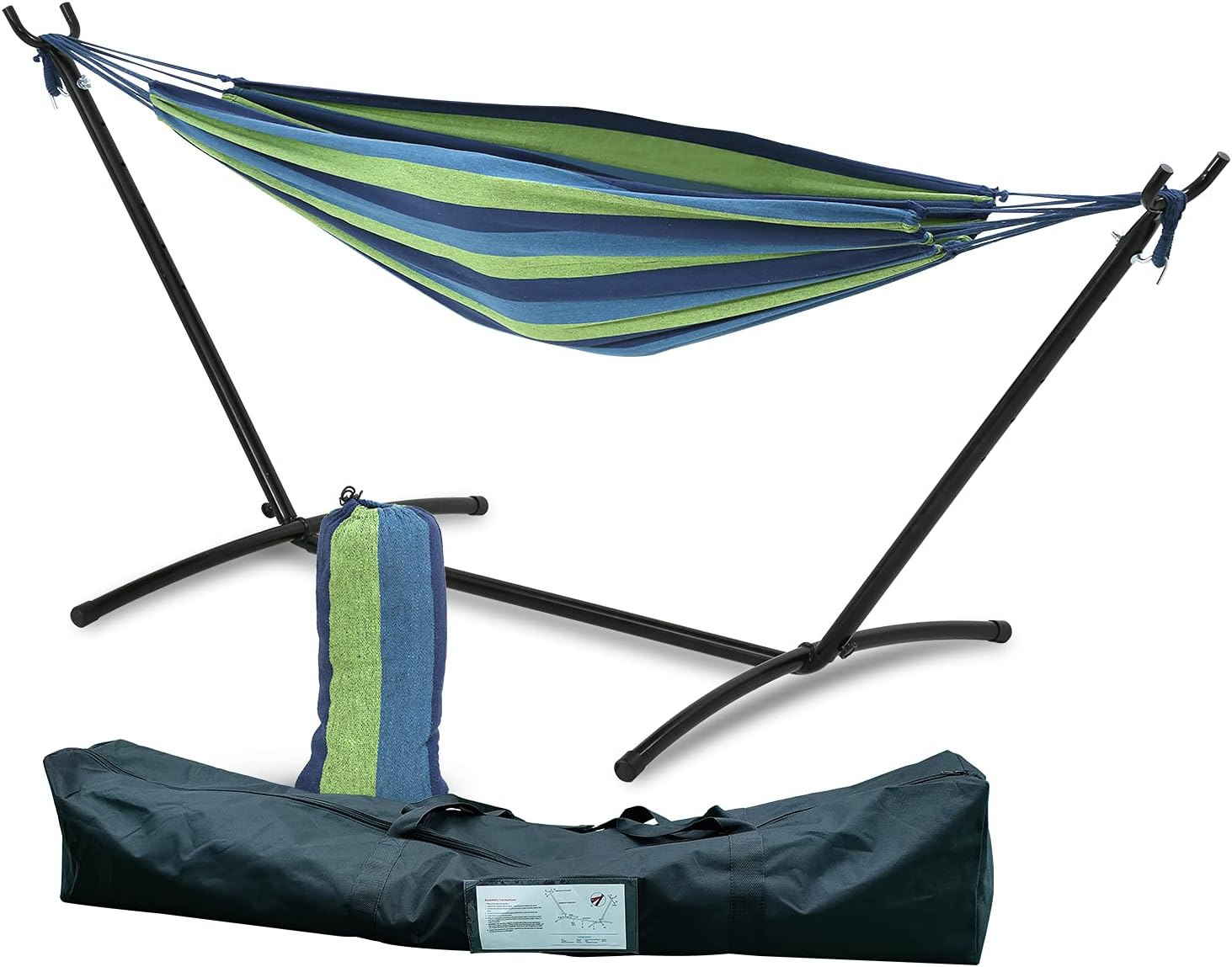 HCY Hamaca con soporte, soporte de acero que ahorra espacio de 550 libras, resistente a la intemperie con bolsa de transporte para patio interior al